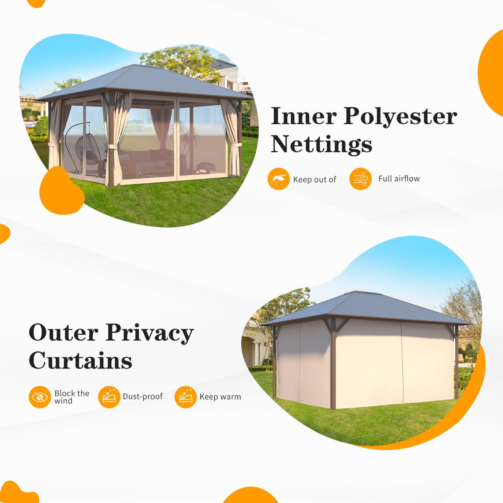 Homrest 12'x14' Hardtop Gazebo, Outdoor Polycarbonate Roof Canopy, Aluminum Frame Permanent Pavilion with Curtains and Netting