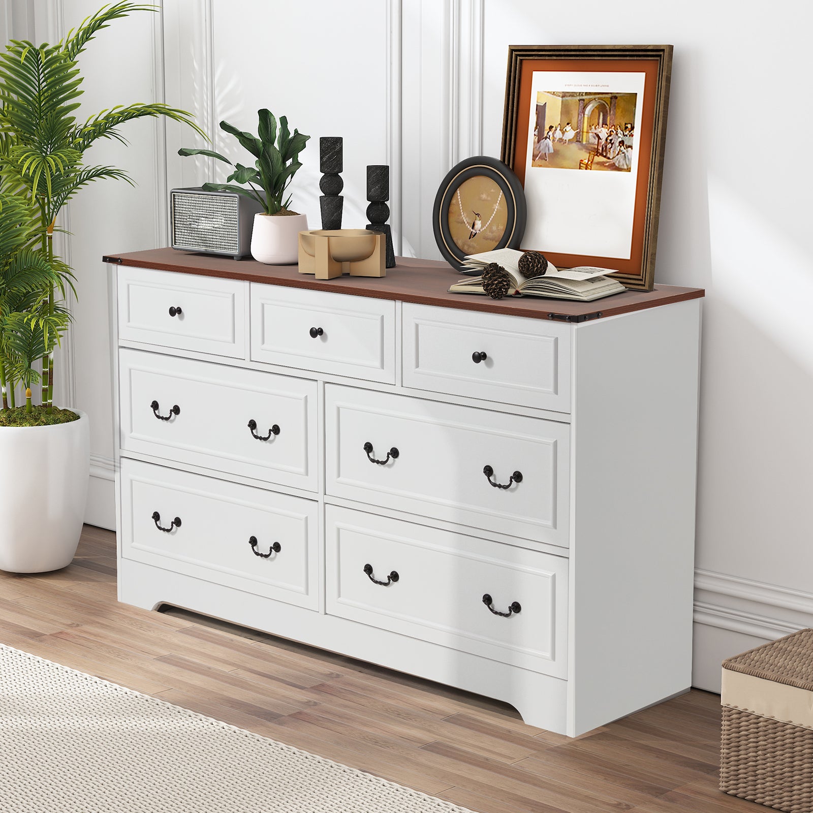 HOMREST Farmhouse 7 Drawers Dresser for Bedroom, 54" Wide Kids Chest of Drawers for Living Room, Antique White
