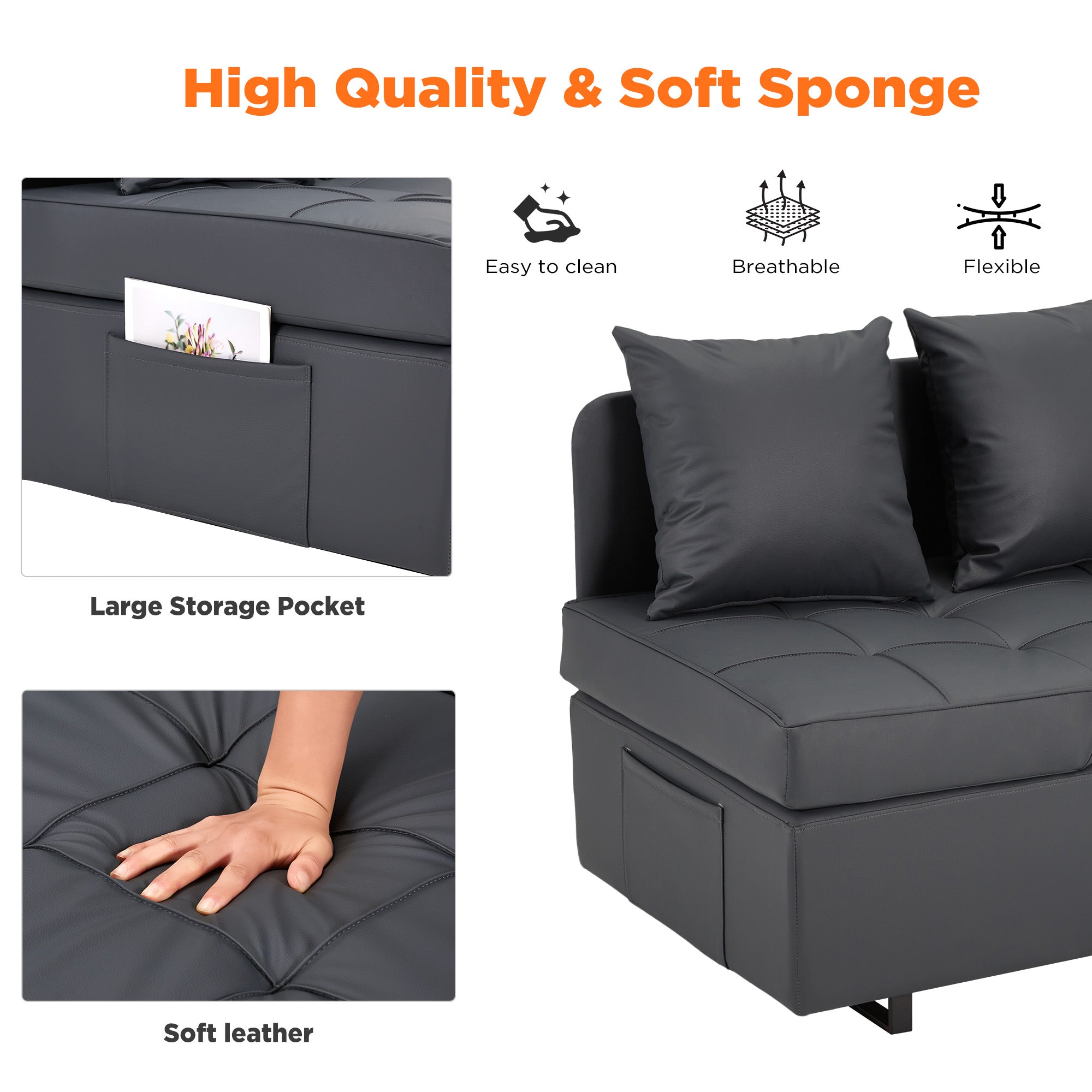 HOMREST 3 IN 1 Futon Sofa Bed Convertible Recliner Lounge with Reclining Backrest, Gray