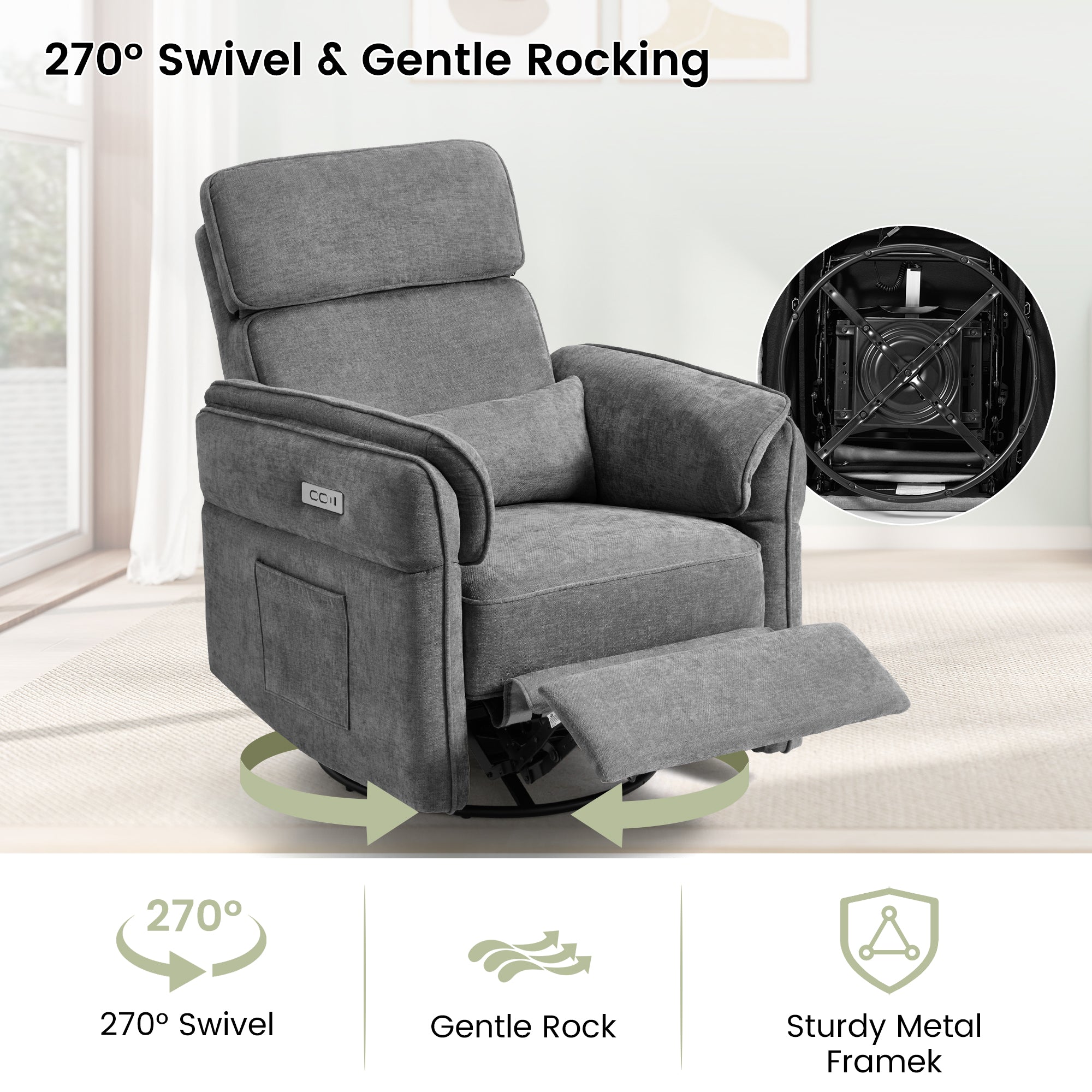 HOMREST Power Swivel Rocking Recliner Chair with Adjustable Headrest and Armrests for Living Room, Nursery, Gray