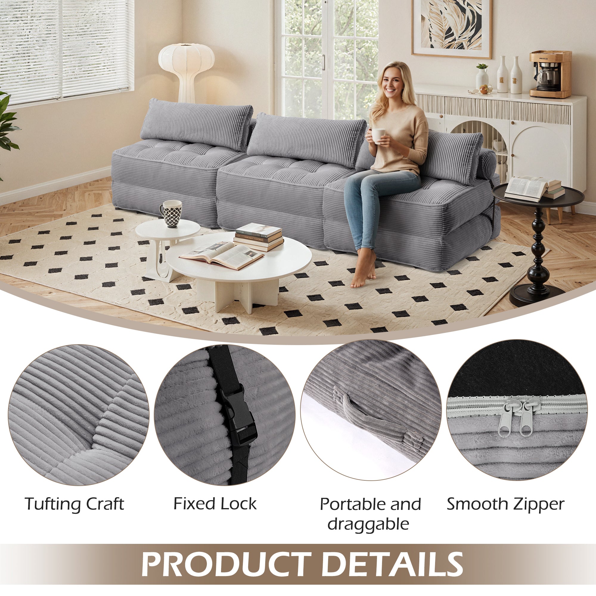 HOMREST 3-Piece Modular Sectional Sofa, Convertible Lounge Set – Foldable Couch Bed, Gray Blue