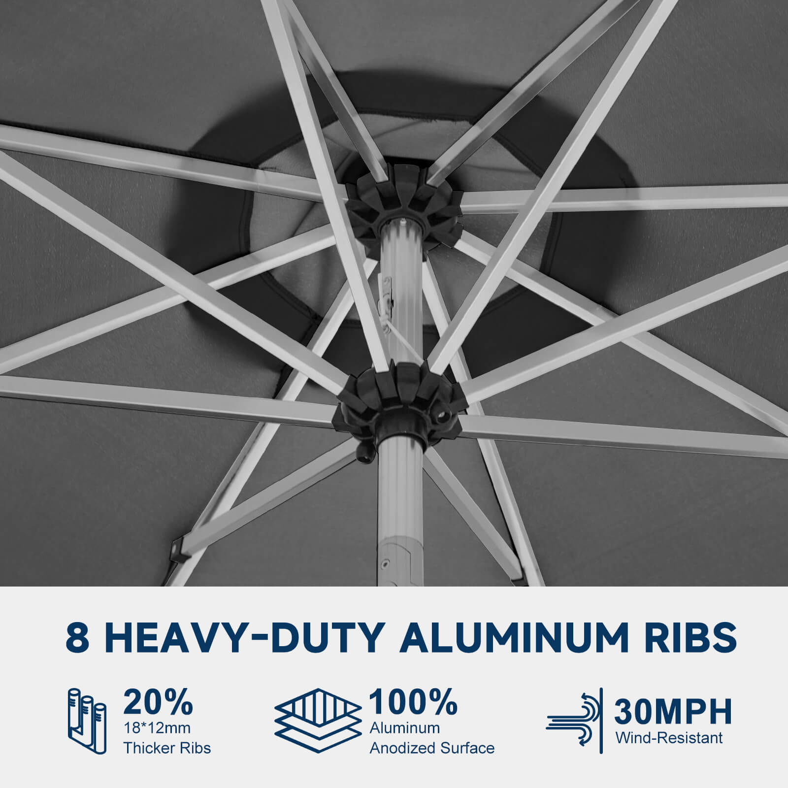 Homrest 9FT Aluminum Patio Umbrella, Fade-Resistant with Push Tilt, 8 Sturdy Aluminum Ribs Grey