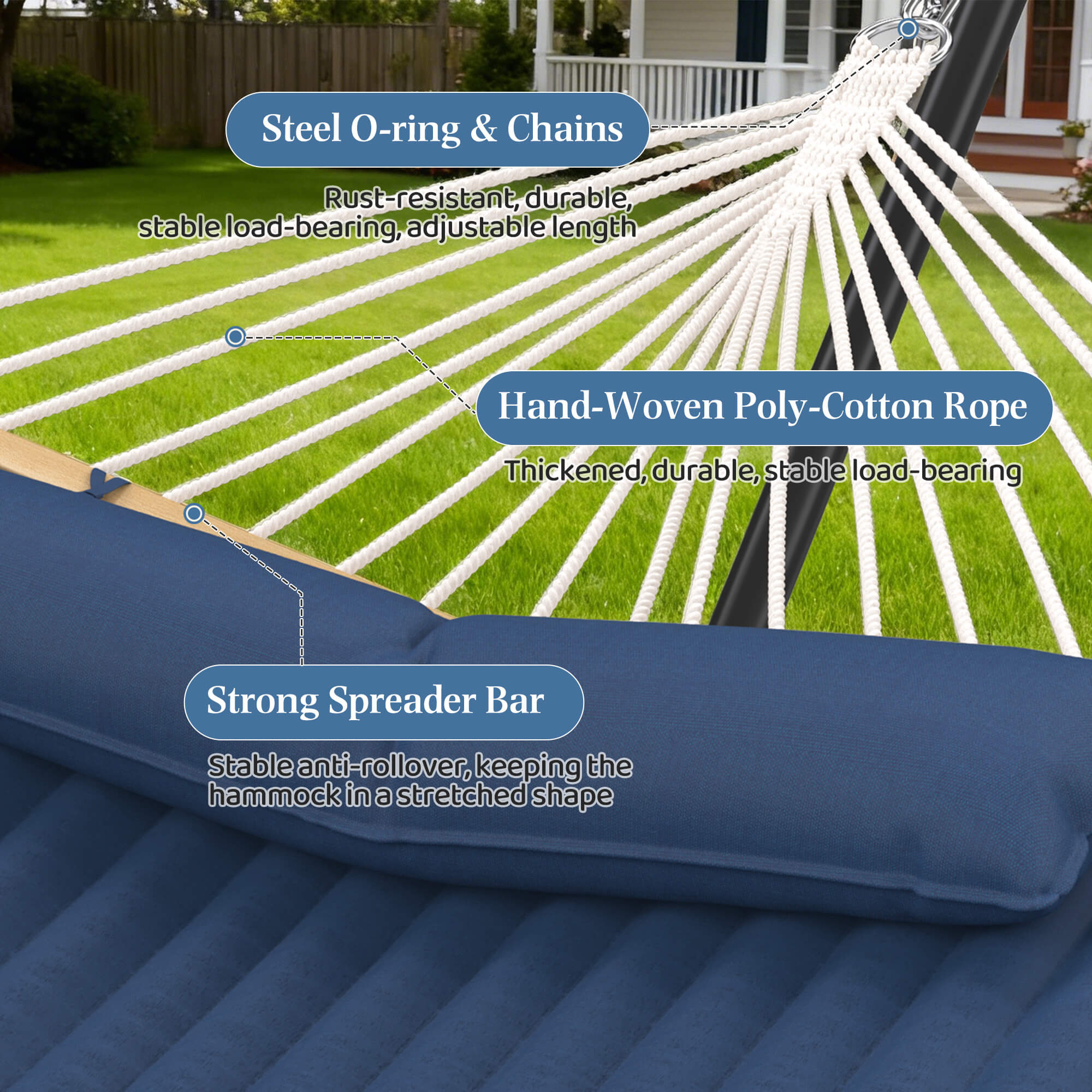 HOMREST Modern Rope Hammock with Stand, Portable Outdoor Hammock for Backyard, Beach & Camping, Navy Blue