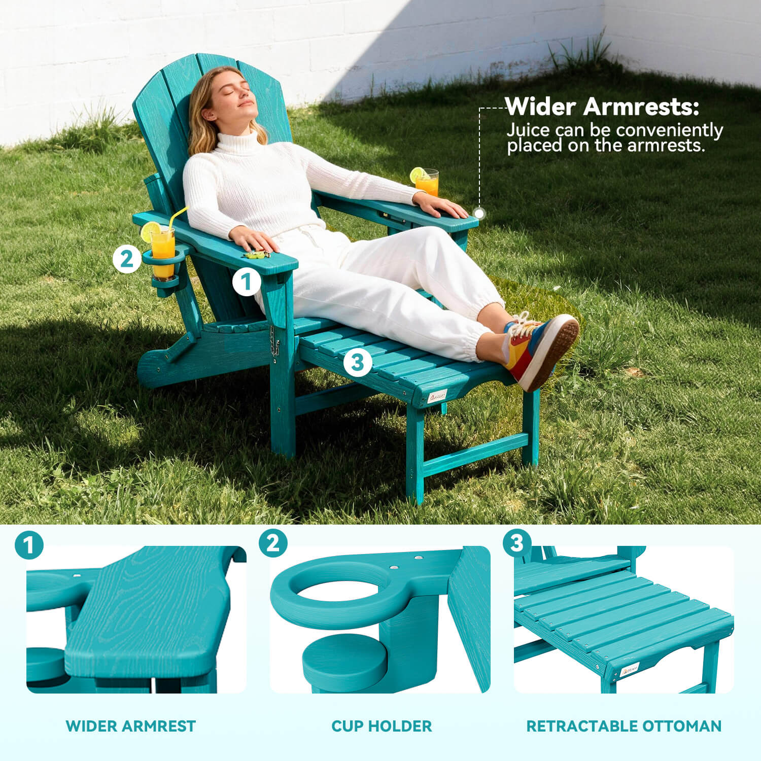 HOMREST 3-Level  Adjustable Adirondack Chair with Retractable Ottoman, Folding HDPE Outdoor Chair with Cup Holders, Aruba Blue
