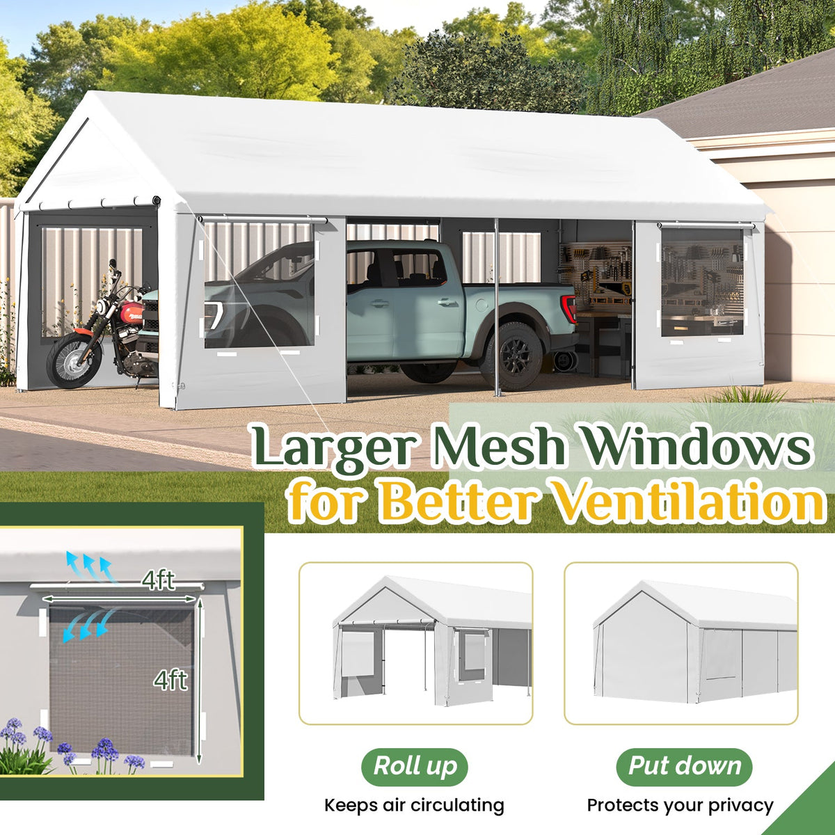 homrest 12' x 24' Heavy Duty Carport£¬Portable Garage with UV Protection & Steel Frame, Car Port with Removable Sidewalls, All-Season Car Canopy for Tractor, Truck, Boat, White
