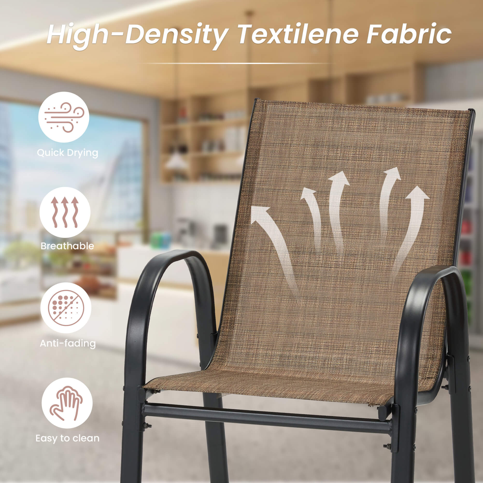 HOMREST Outdoor Bar Height Stools Set of 4, High Back Patio Chairs with Armrests,Textilene Chairs with Breathable Fabric & Metal Frame, Brown