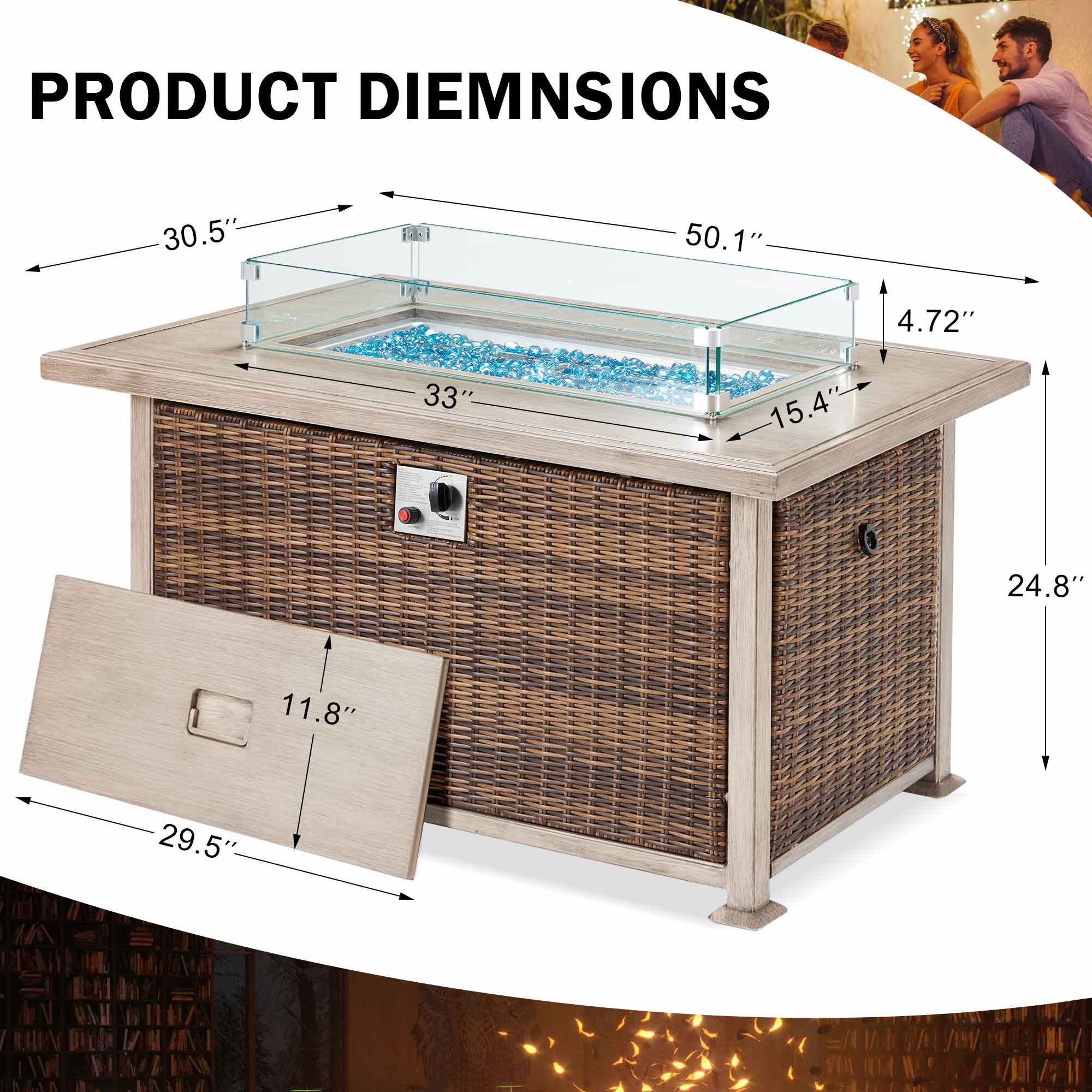 Product Dimensions of 50 in Propane Fire Pit Table w/ Glass Wind Guard and Aluminum Tabletop,50,000 BTU, Brown