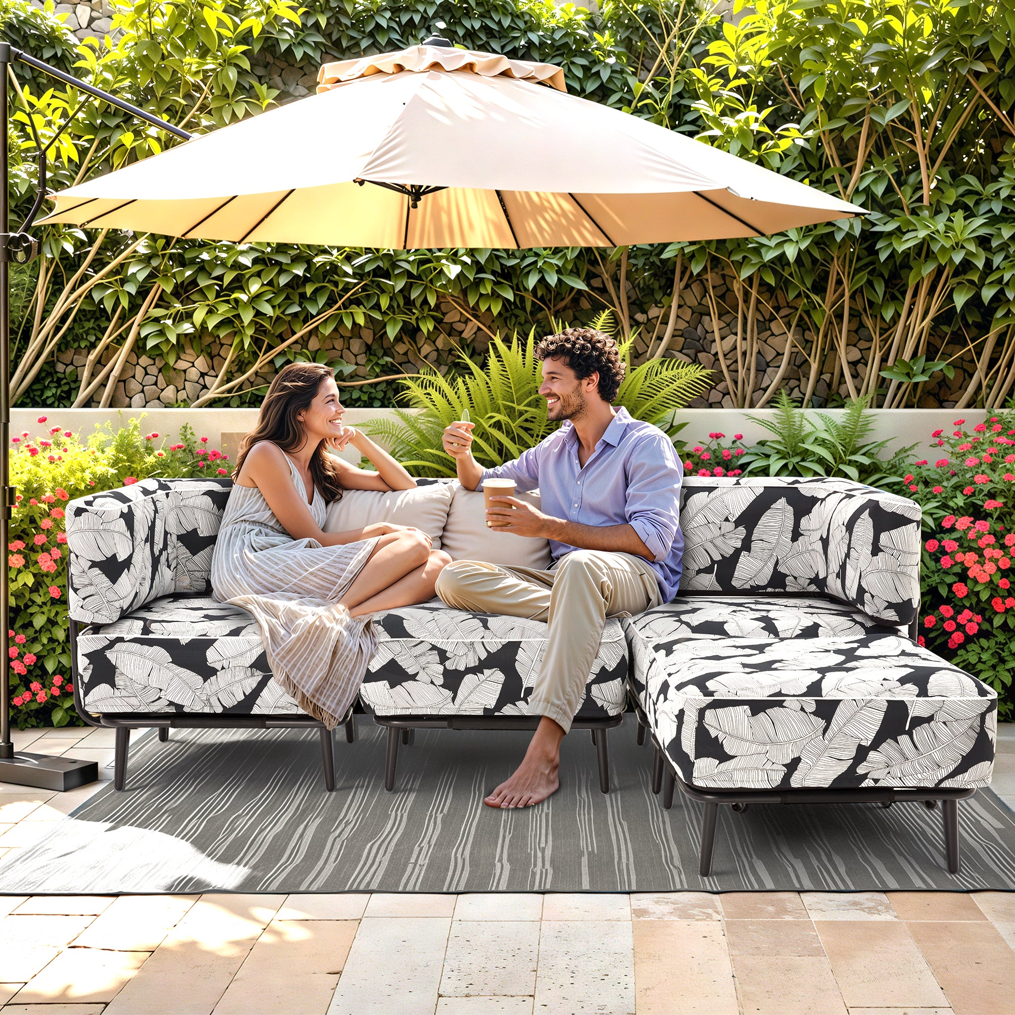 HOMREST 4-Piece Inflatable Couch Set, Portable Oxford Fabric Blow Up Couch Lounger, White Black Leaf Pattern