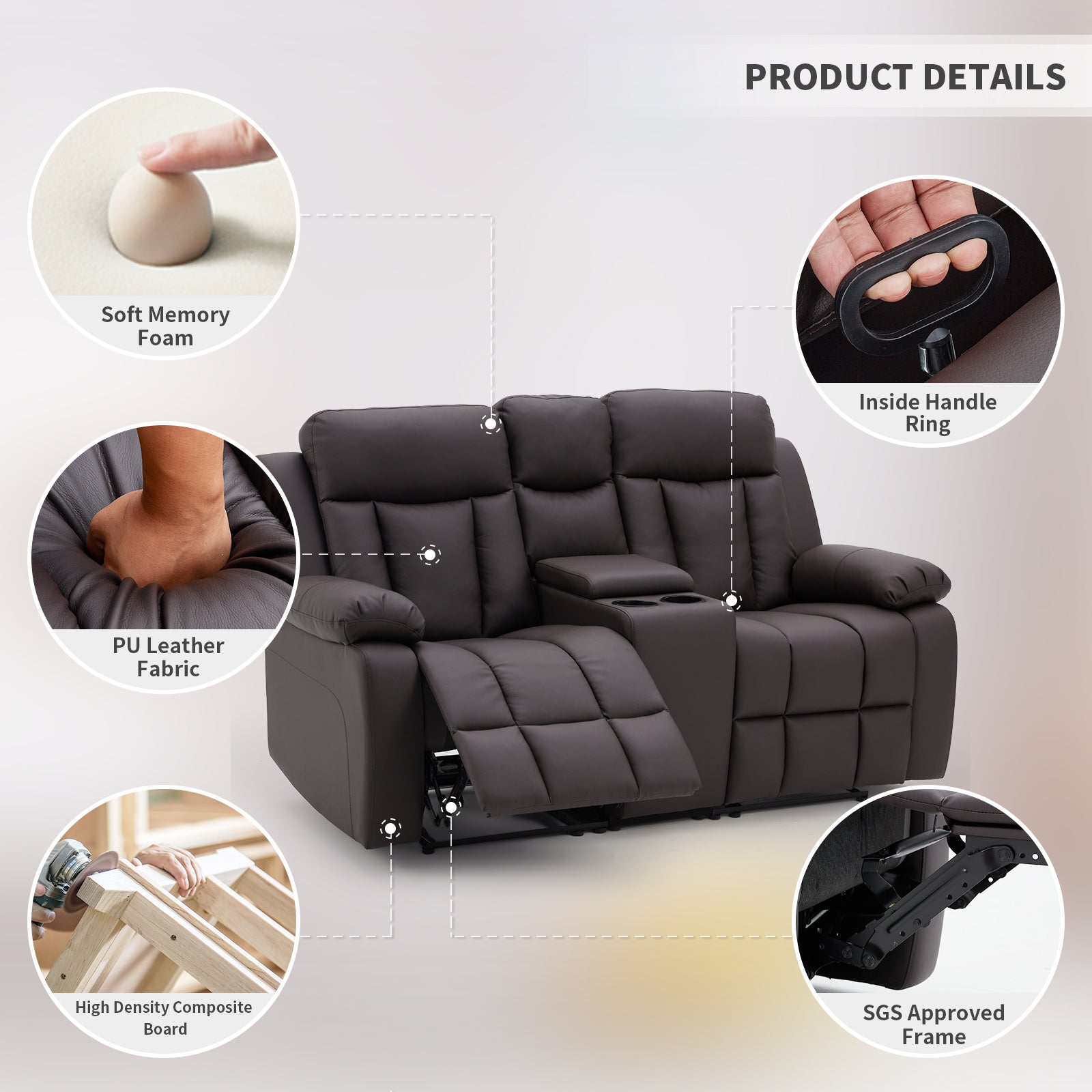 Homrest Breathable Leather Fabric Recliner LoveseatChair with PU Padded Seat Backrest with soft memory foam, inside handle ring, pu leather fabric, high density composite board and SGS approved frame