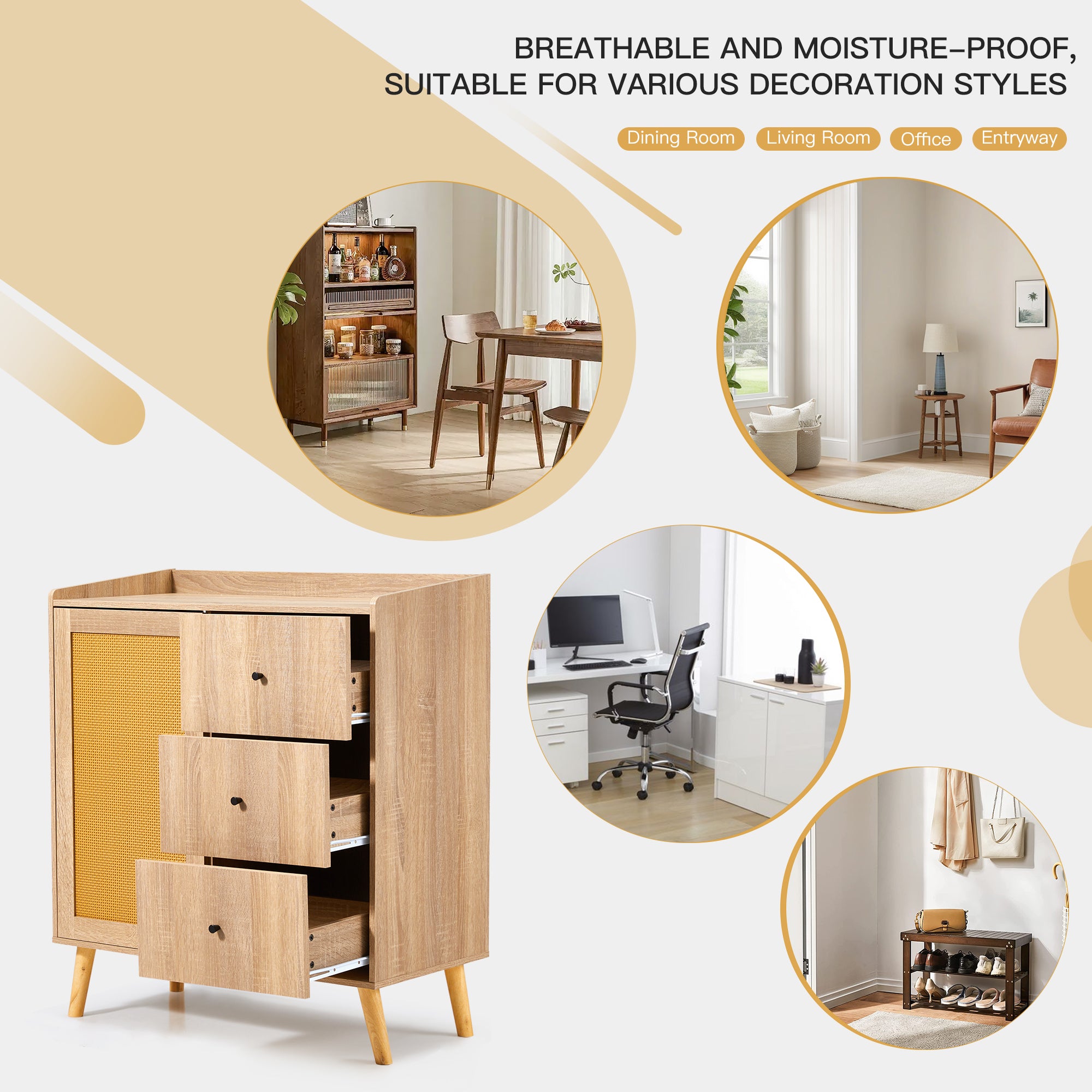 HOMREST Modern Cabinet with Rattan Door and 3 Drawers