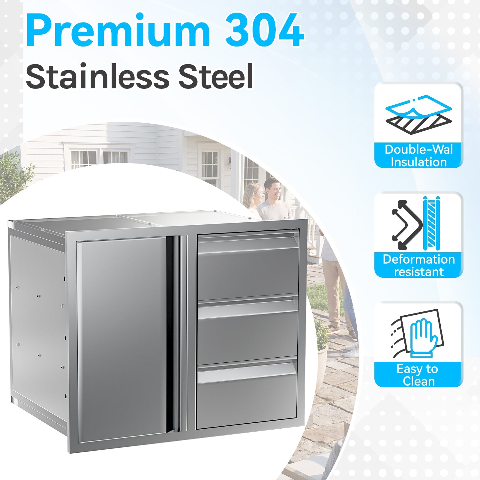 HOMREST Outdoor Kitchen Drawer and Trash Bin Combo - 28"Wx20"Dx23"H Built-in 304 Stainless Steel Cabinet with Triple Drawers & Pull-Out Trash Drawer, Silver