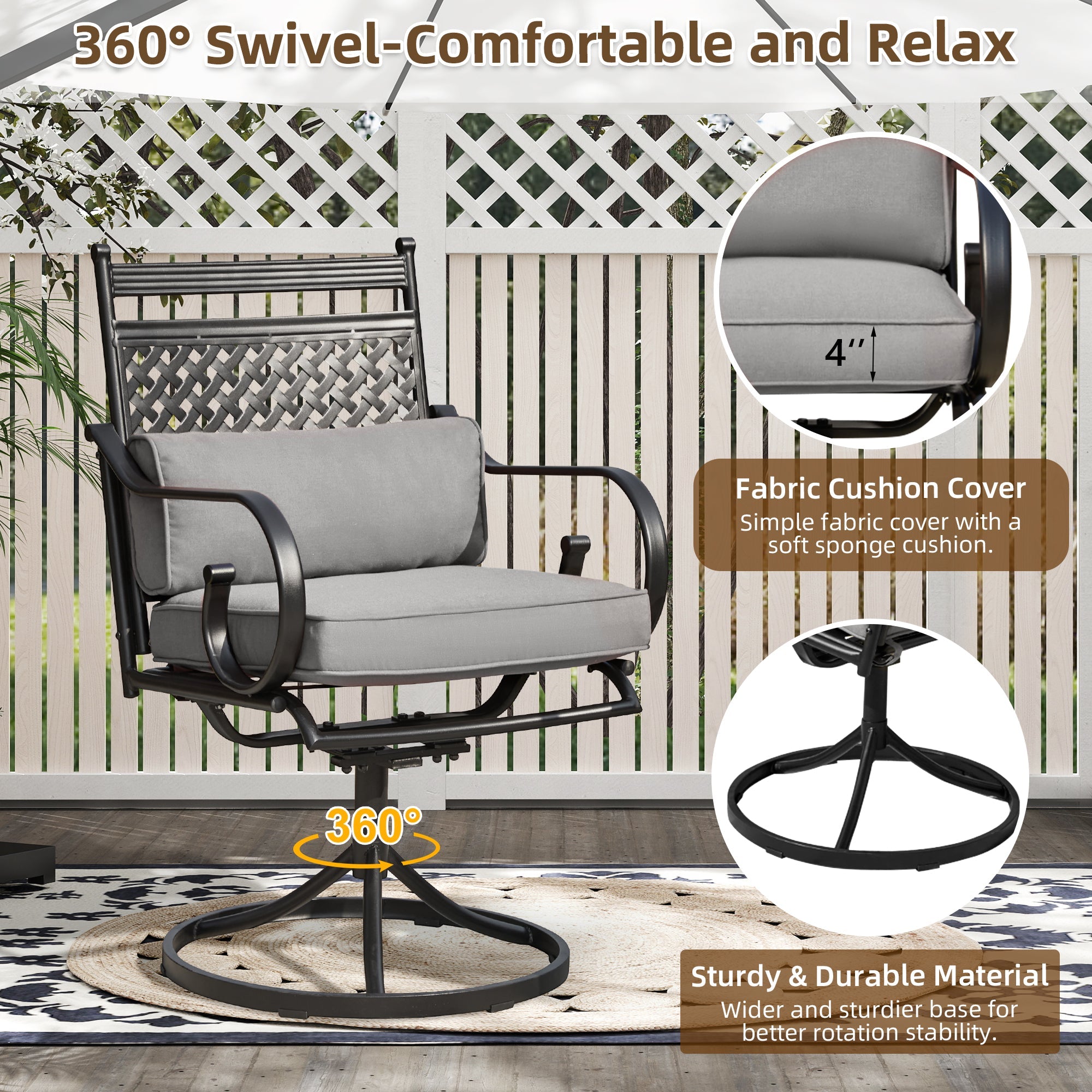 homrest Patio Swivel Chair Set of 2, Outdoor Dining Chairs with Cushions for Porch, Deck, and Garden, Gray