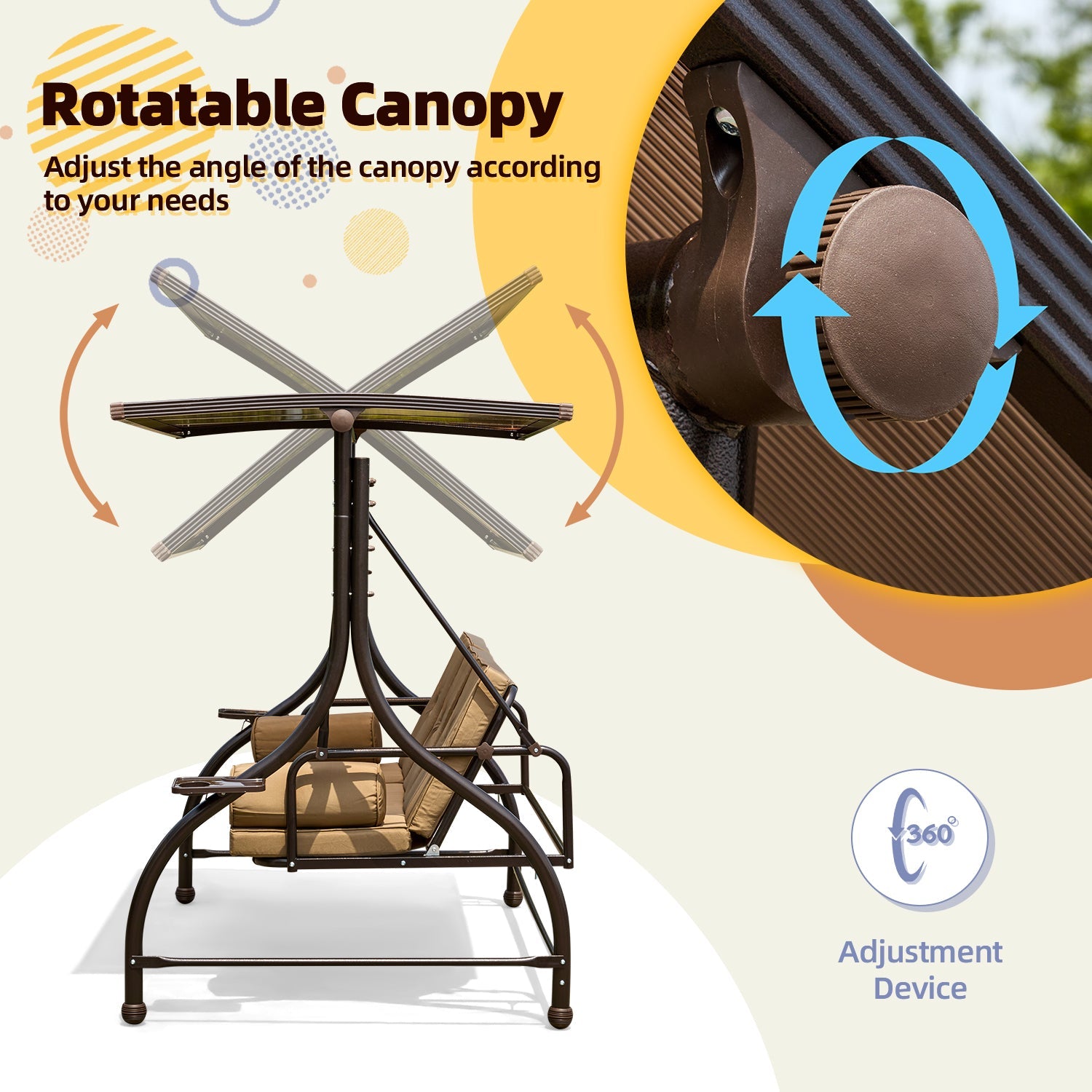 HOMREST 57in Outdoor Patio Swing with Hardtop,  Convertible Backrest Swing Bed with Cushion, 2 Pillows