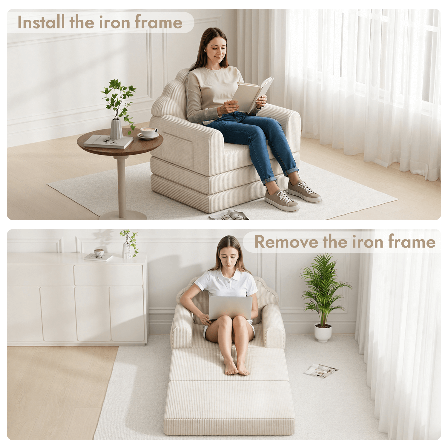 HOMREST 2-in-1 Folding Sofa Bed with Back Support, 75" D x 34" W Convertible Futon Sleeper Chair for Living Room Bedroom Small Spaces, Beige