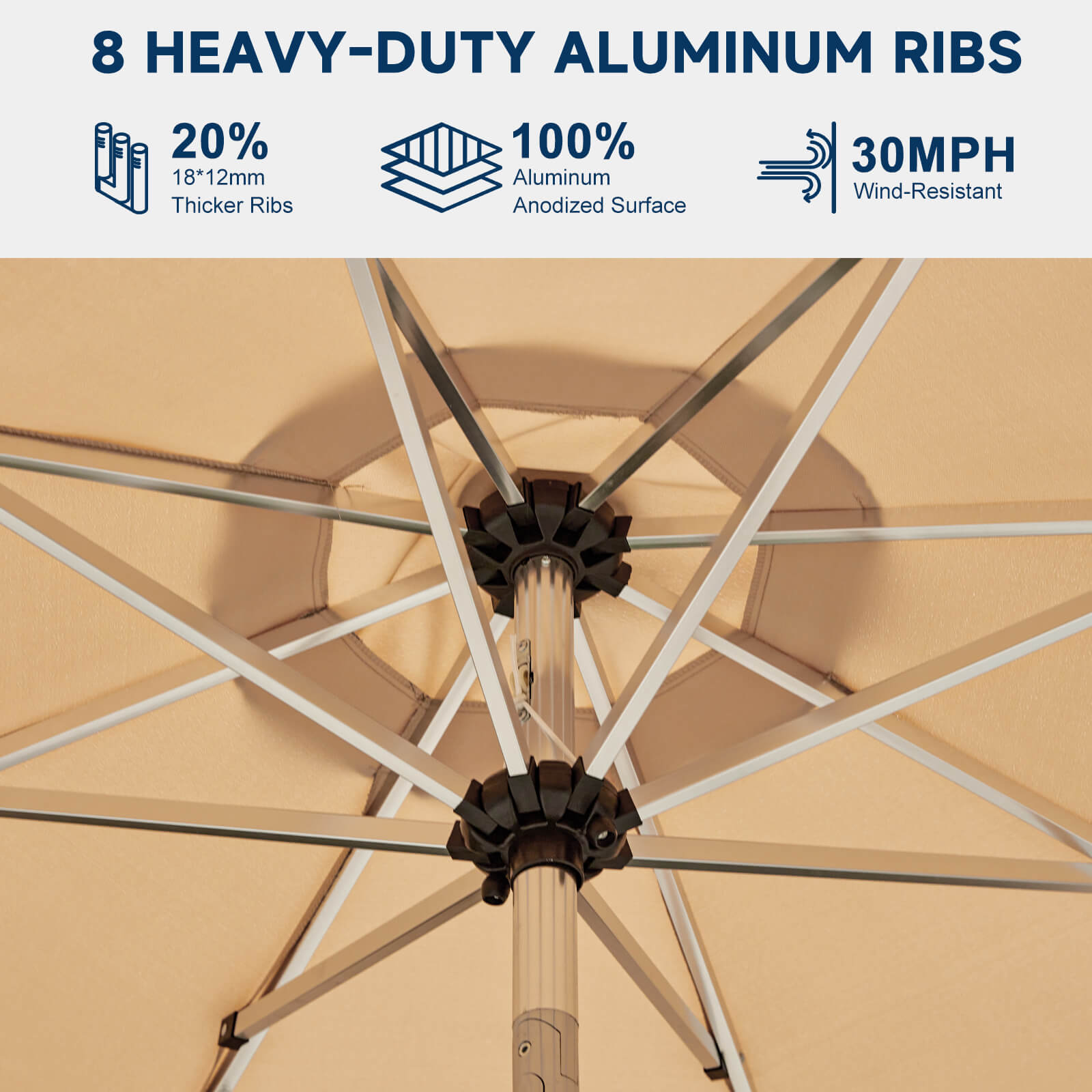Homrest 9FT Aluminum Patio Umbrella, Fade-Resistant with Push Tilt, 8 Sturdy Aluminum Ribs Beige