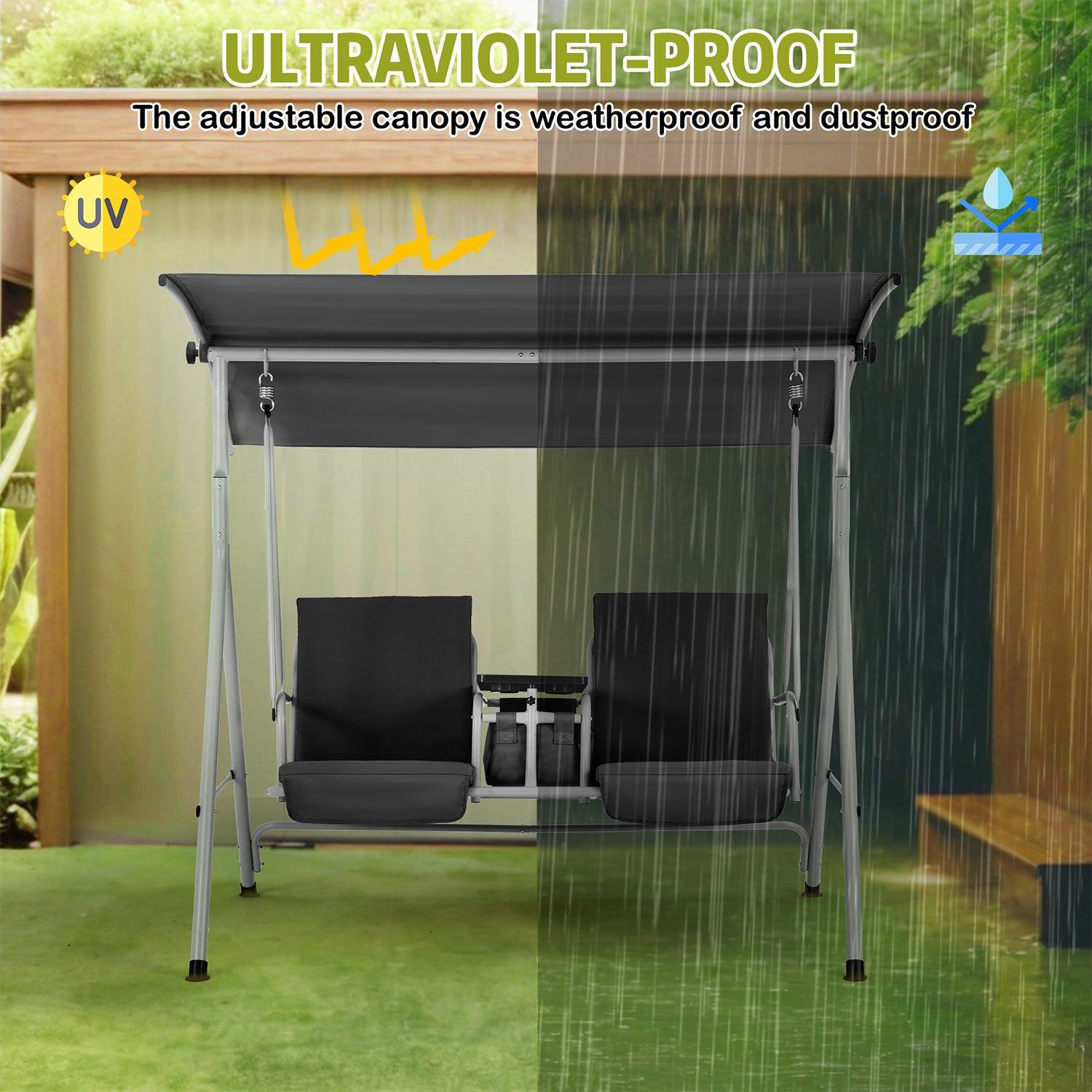 Homrest 2 Seat Outdoor Porch Swing with Adjustable Canopy and Cup Holders, Black