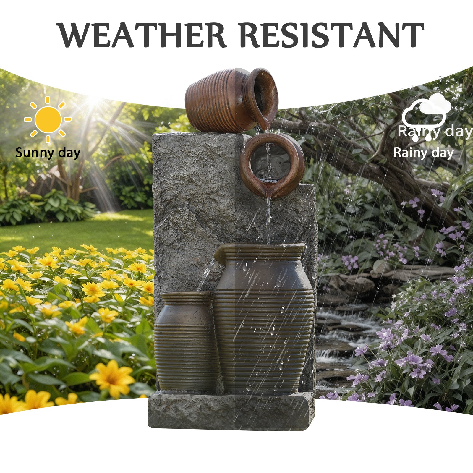 HOMREST 29.9"Tall Outdoor Solar Power Water Fountain - Resin Pottery Cascade Garden Water Fountain with LED Lights Effect  for Patio Deck Yard Home,Brown
