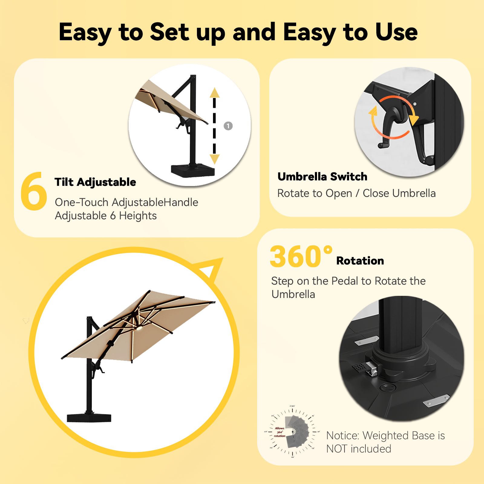 HOMREST 10 X 10 Cantilevered Umbrella with LED Lights(Base Excluded)  - Brown