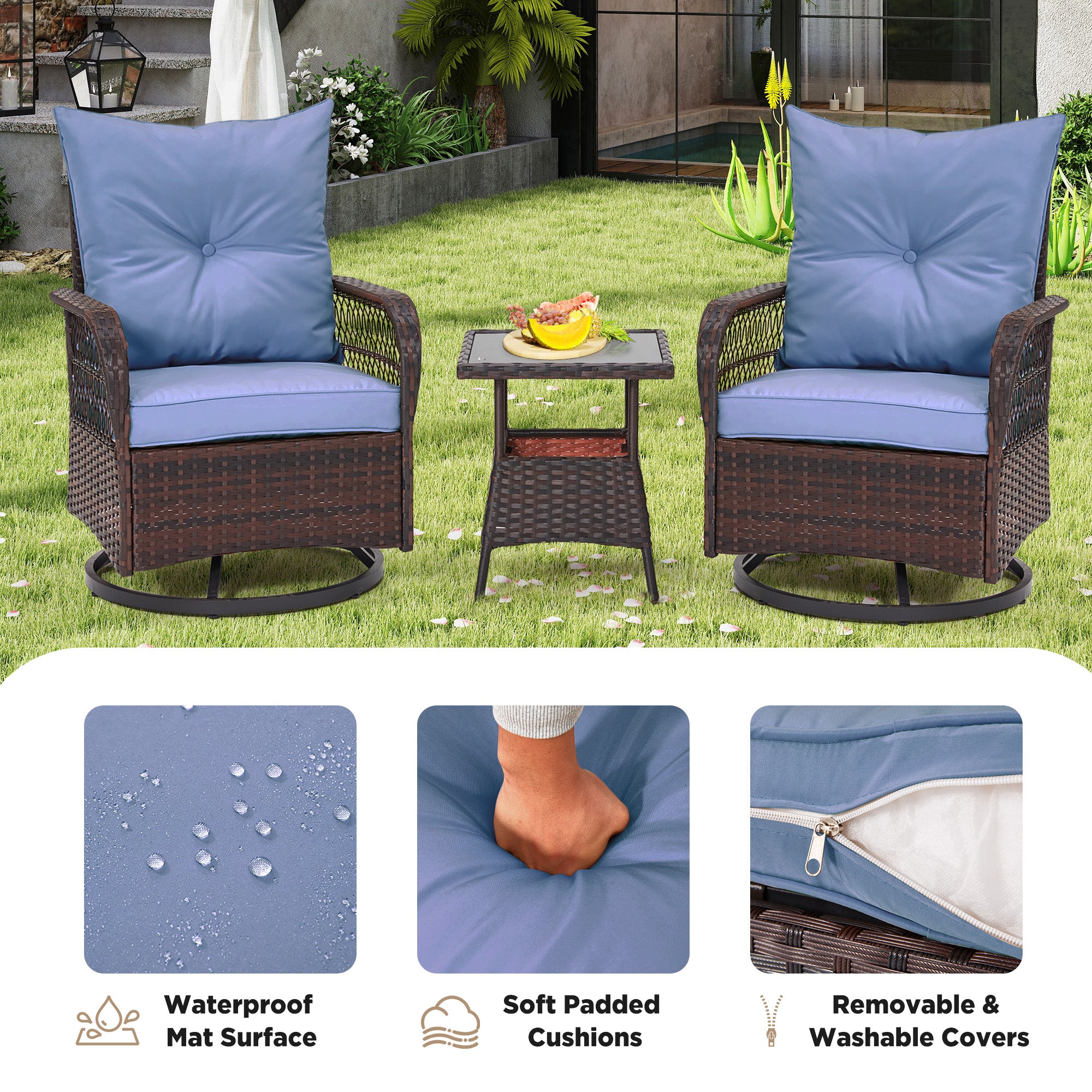 HOMREST 3-Piece Patio Swivel Rocker Set with Rattan Coffee Table, Blue