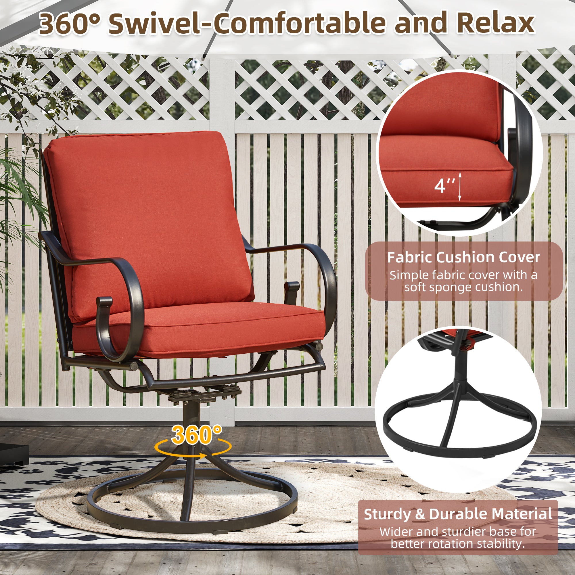 HOMREST  Patio Swivel Chair Set of 2, Outdoor Dining Chairs with Cushions, Red