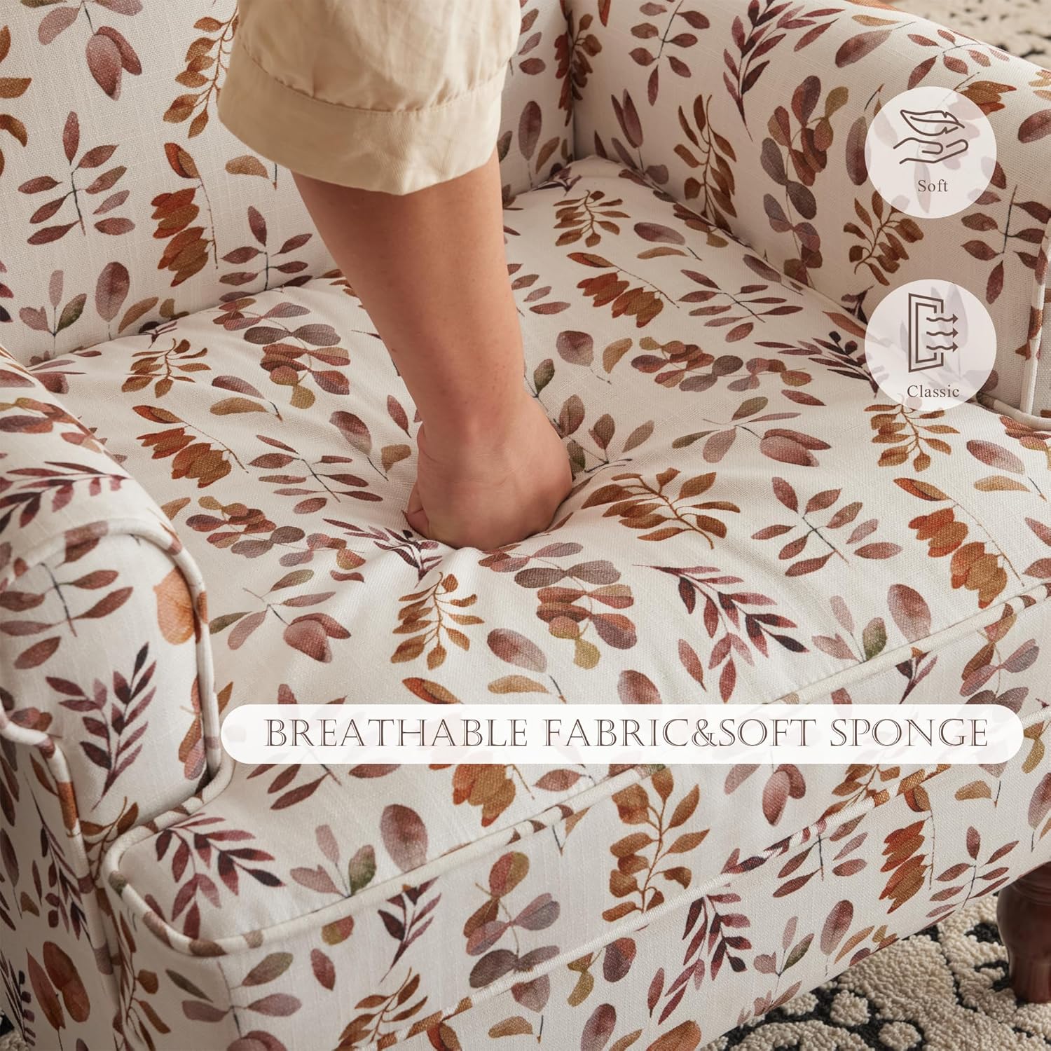 HOMREST Fabric Accent Chair, Modern Upholstered Armchair, Orange Leaves