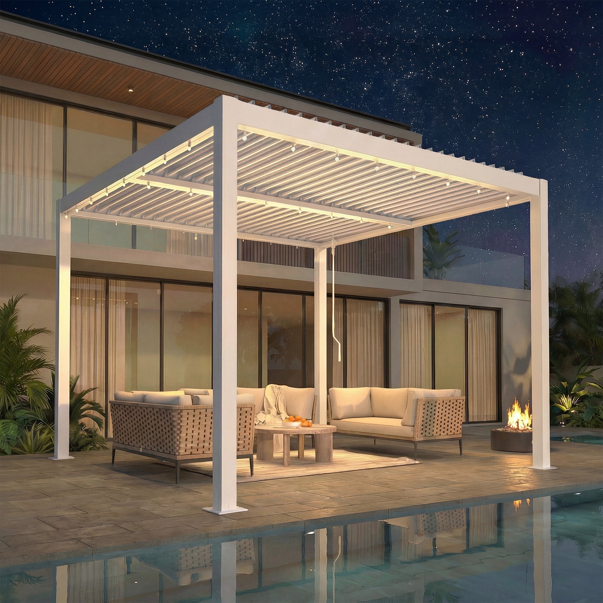 HOMREST 10' x 10' Outdoor Pergola with Adjustable Louvered Roof & Integrated Drainage, Heavy-Duty Metal Louvered Pergola for Patios, White