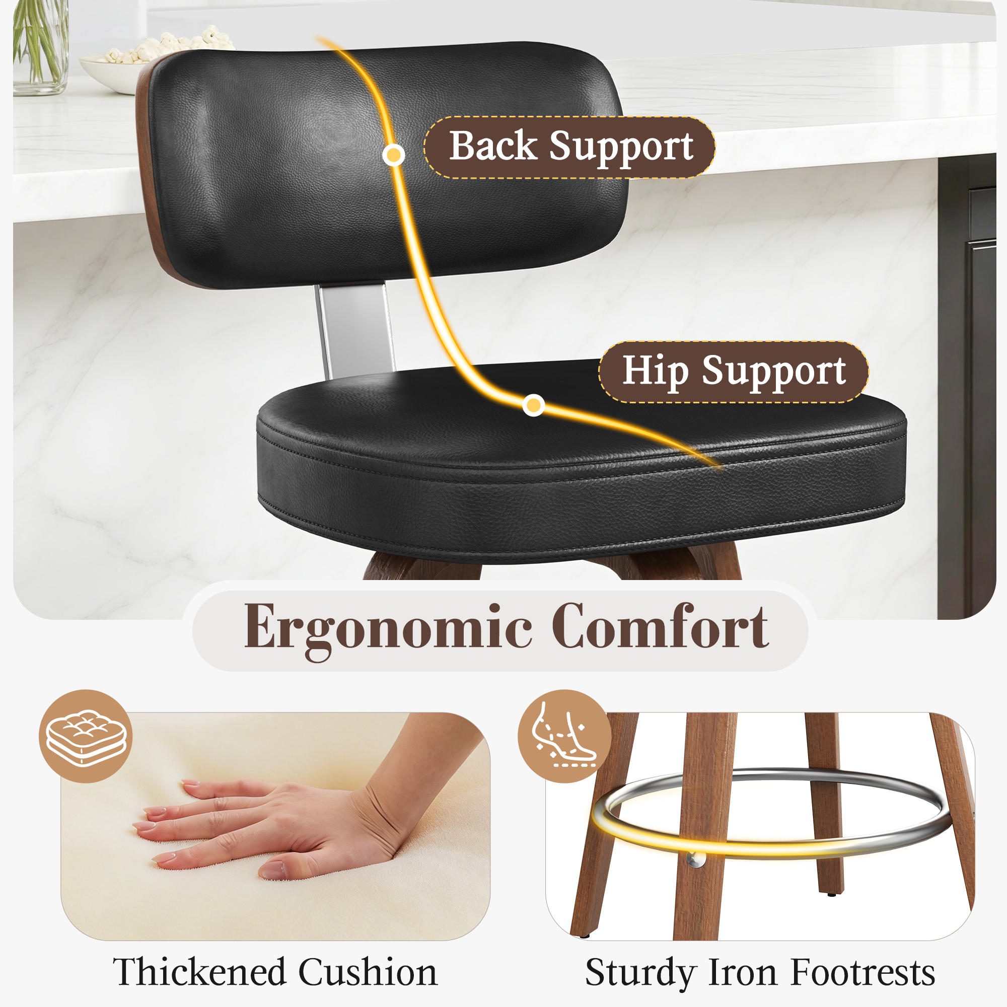 HOMREST Swivel Upholstered Counter & Bar Stool With Curved Back, Mid Century Modern Bar Chair With Solid Wood Frame And Metal Footrest (set Of 2), Black