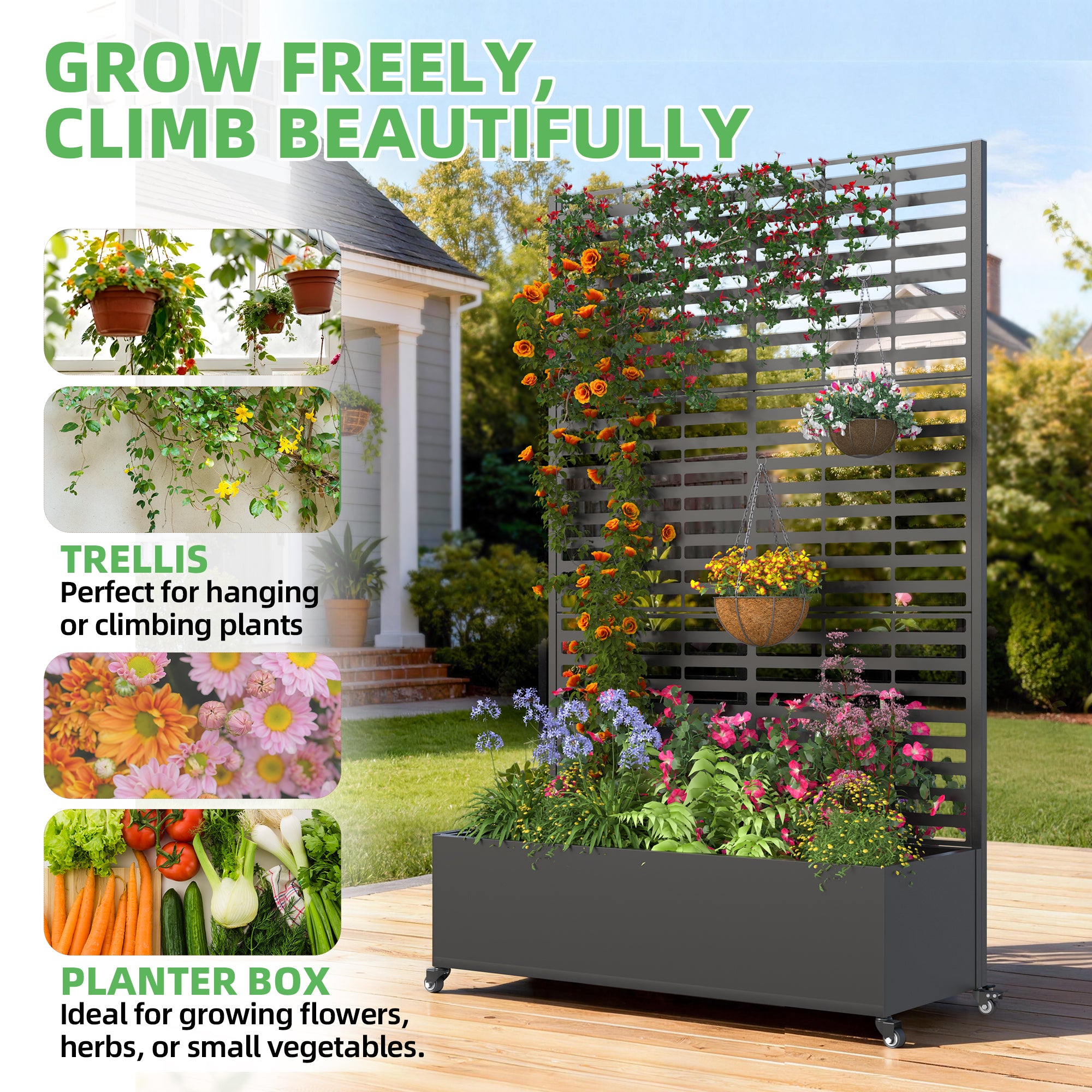HOMREST Metal Planter Box with Trellis, 73"x 47"x 16" Raised Garden Bed with Wheels and Drainage Holes, Planter with Trellis for Garden, Balcony and Patio, Black