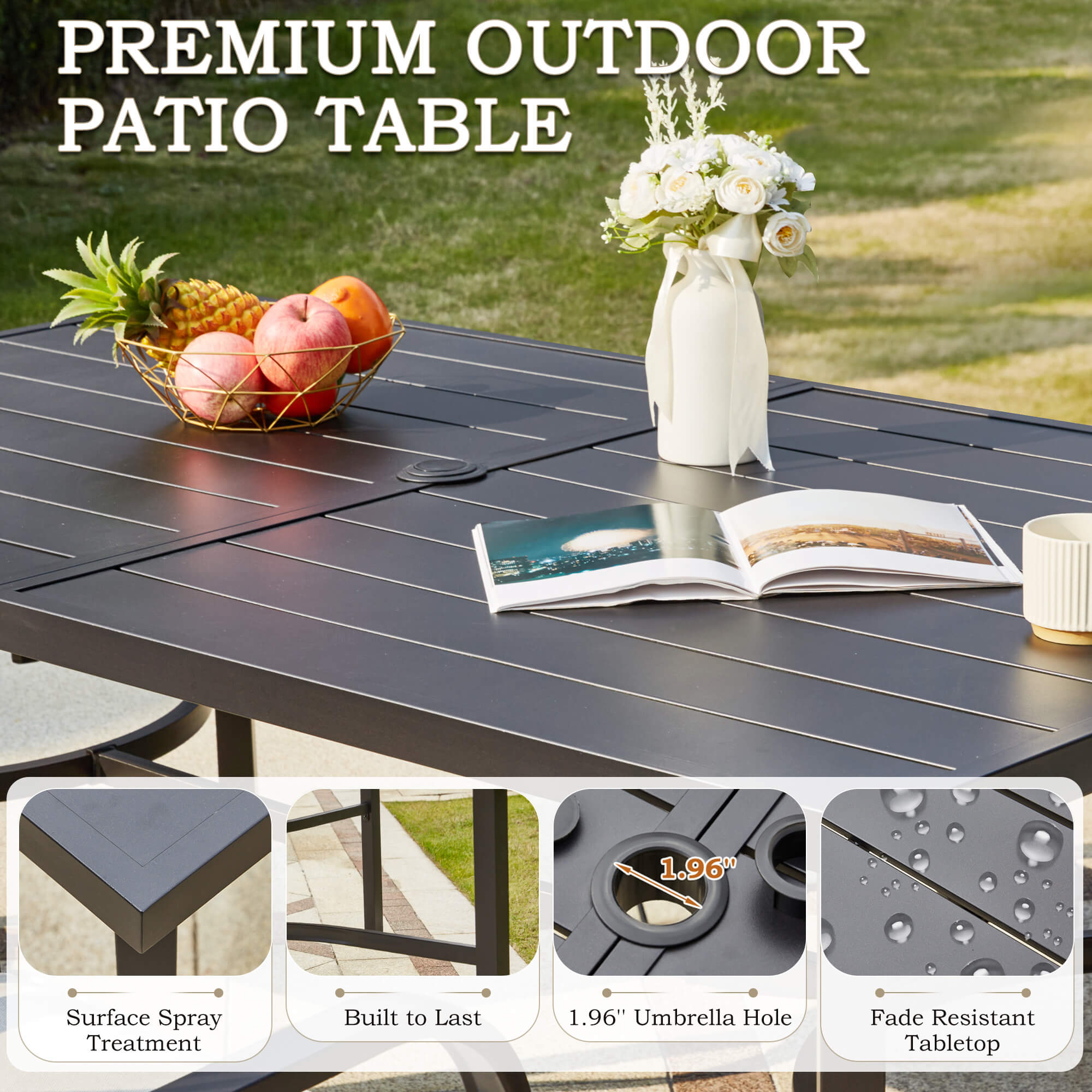 HOMREST 7-Piece Outdoor Dining Set, 6 Swivel Rattan Chairs with Thick Removable Cushions, Rectangular Dining Table with Umbrella Hole