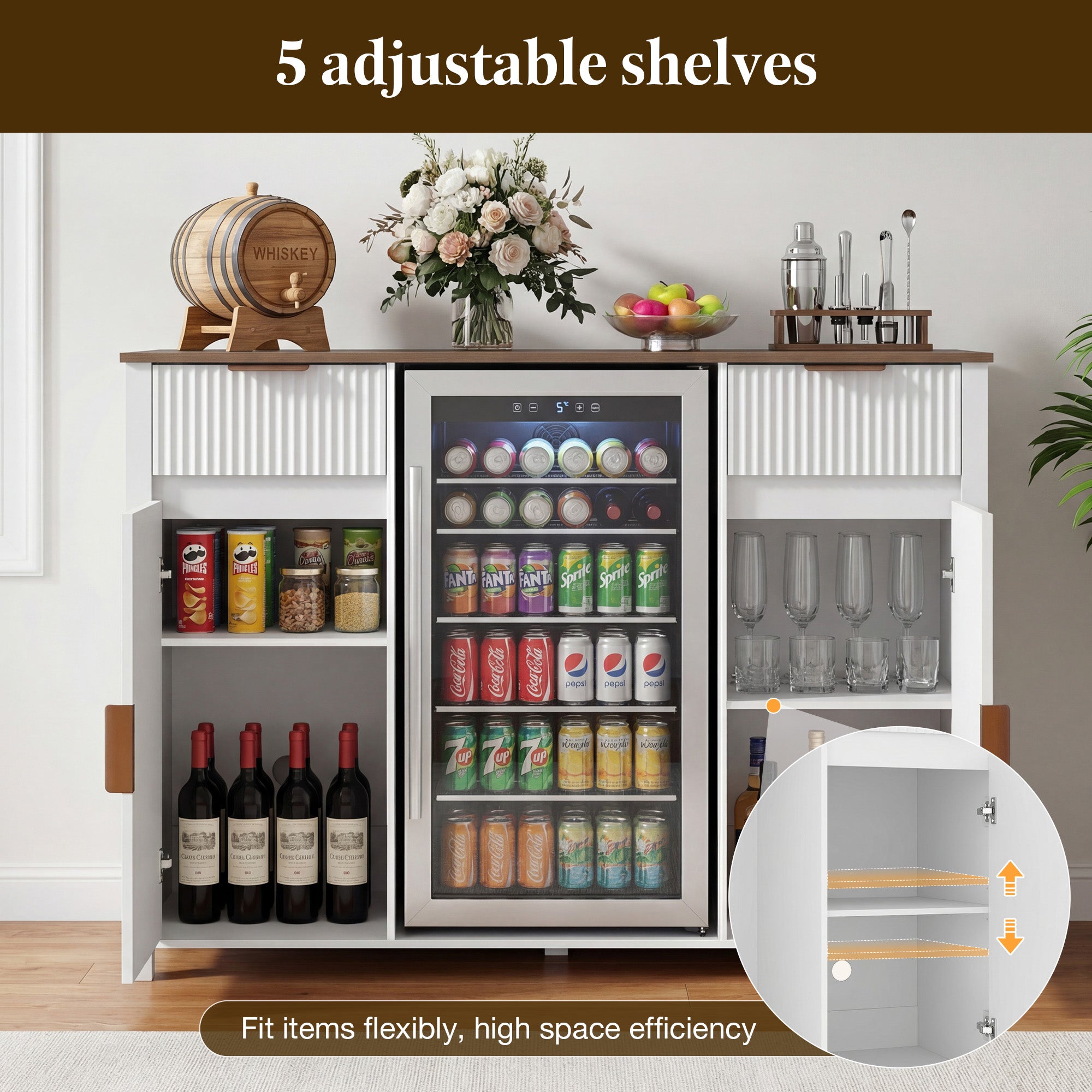 HOMREST 53" Large Coffee Bar Cabinet with Fridge Space & Power Outlet, Mini Fridge Cabinet with Drawer & Door Storage, Wine Bar & Buffet Sideboard for Kitchen and Dining Room, Liquor Cabinet, White
