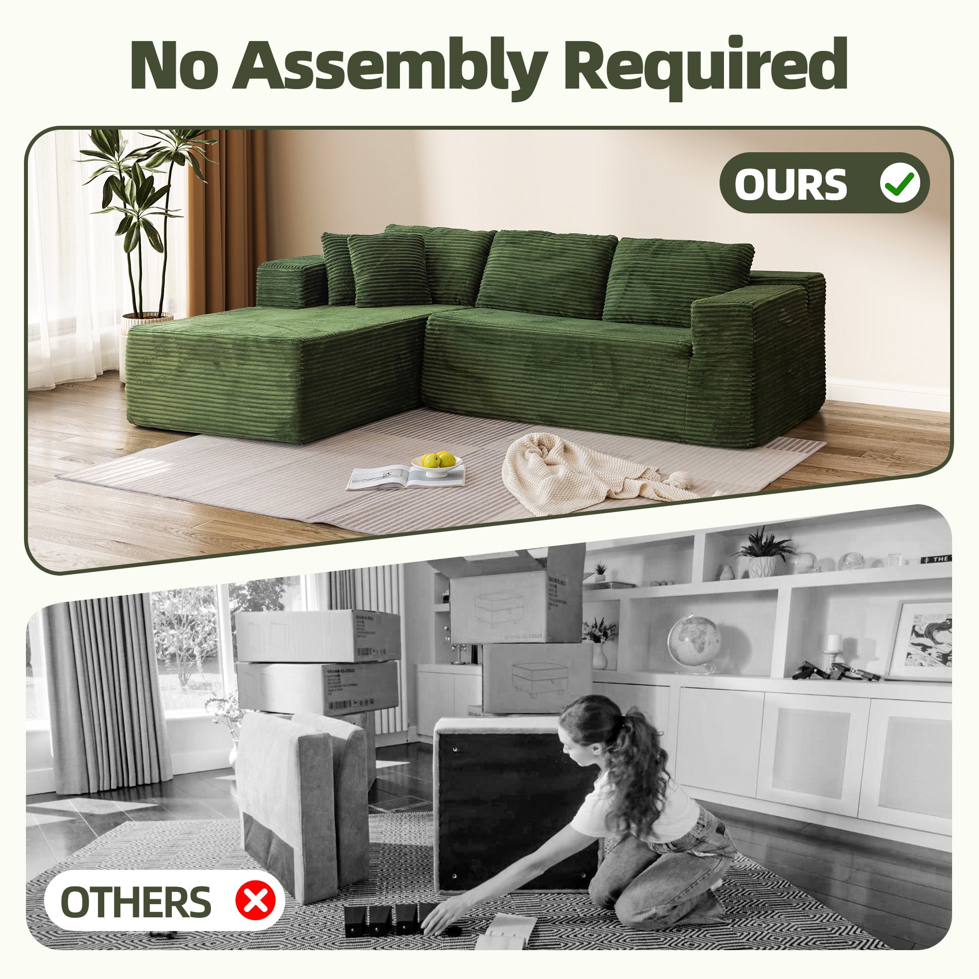 HOMREST 106 inch Cloud Sectional Couch with Chaise Lounge for Living Room Bedroom Apartment, Corduroy Fabric, Green