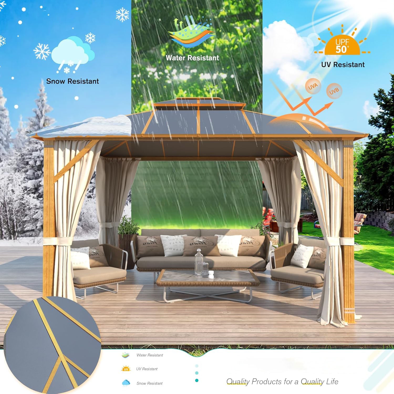 Homrest 10X12 Gazebo Outdoor Double Roof Aluminum Composite Canopy Aluminum Frame Pavilion with Curtains and Netting