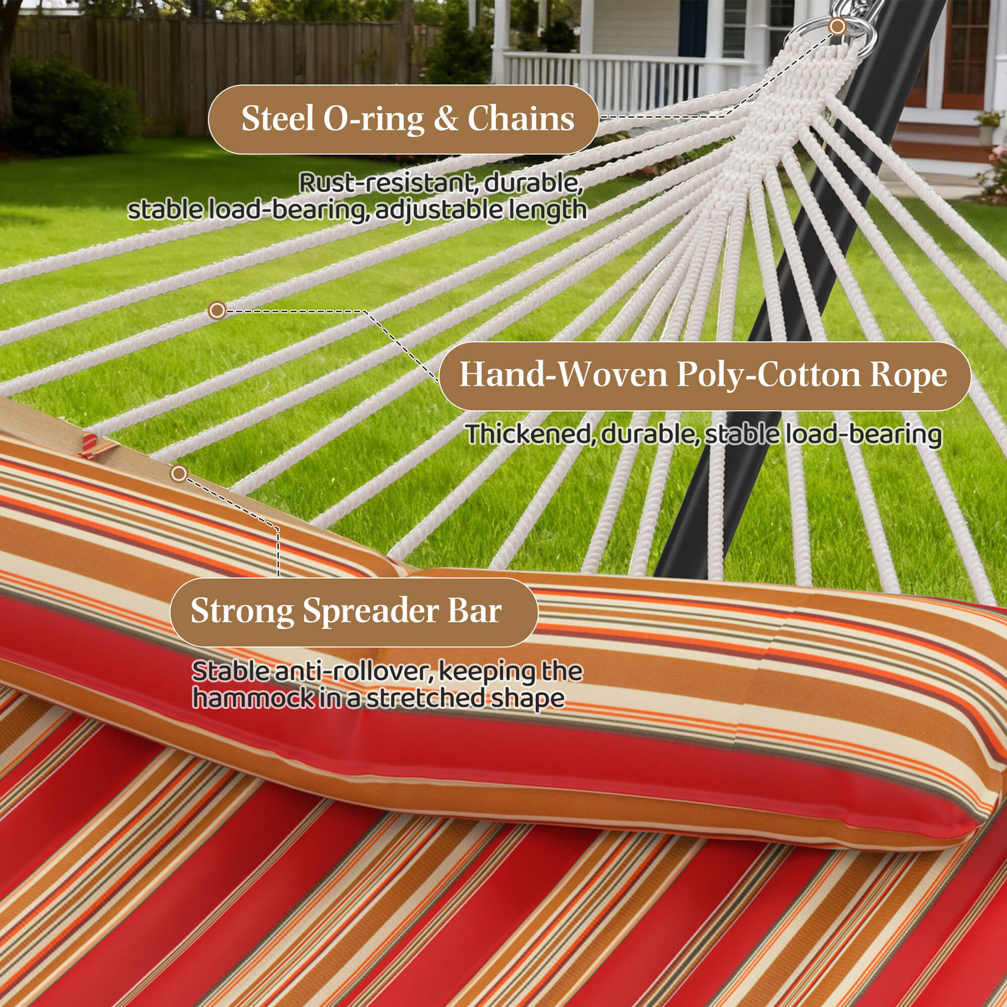 HOMREST Modern Rope Hammock with Stand, Portable Outdoor Hammock for Backyard, Beach & Camping, Red Stripes