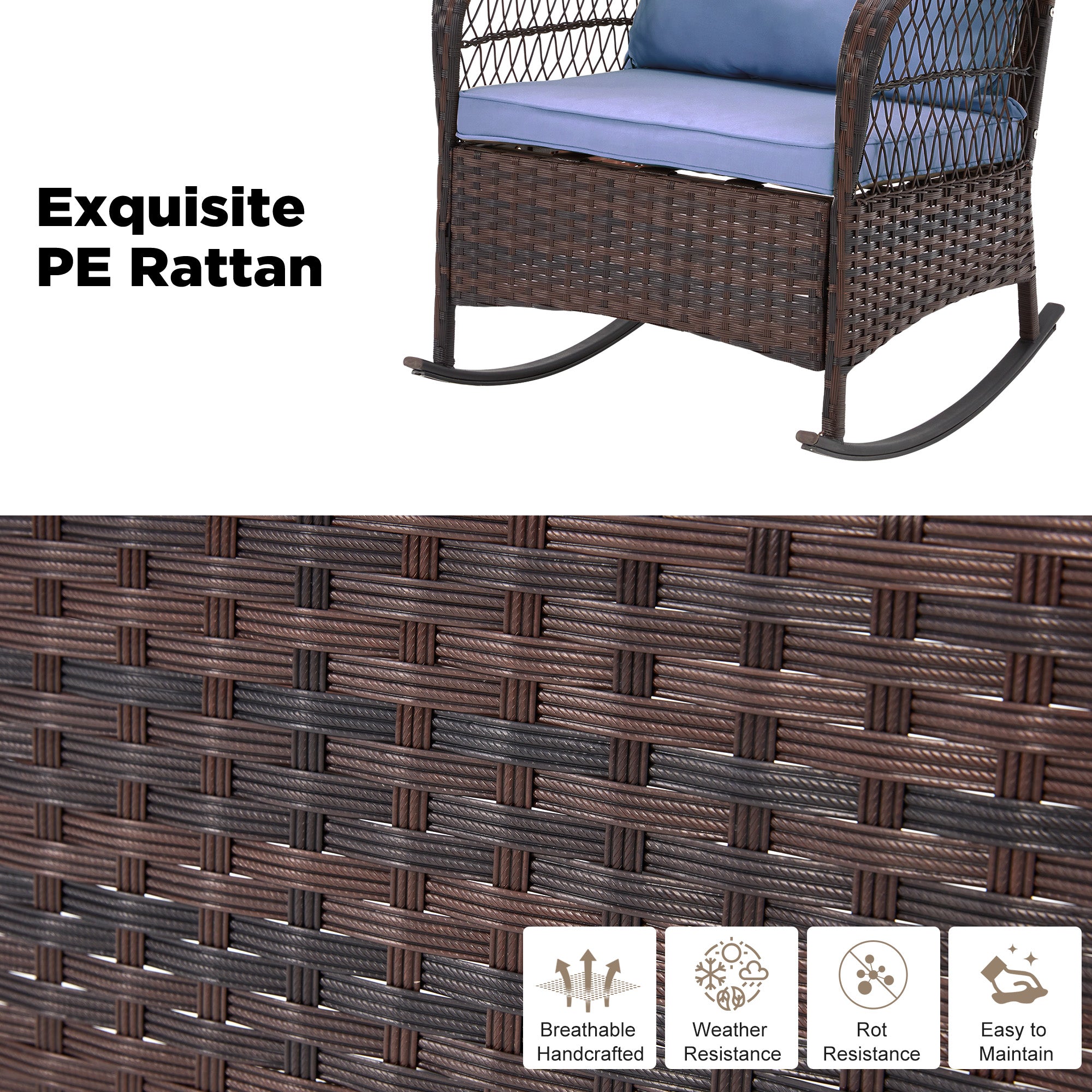 HOMREST 3-Piece Rattan Rocking Bistro Set with Glass Coffee Table for Porch & Garden