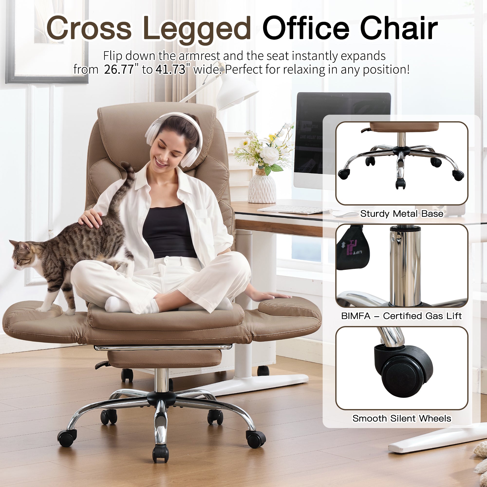 HOMREST Modern Cross Legged Office Chair with Footrest,Leather Ergonomic Executive Chair with Lumbar Pillow, Brown
