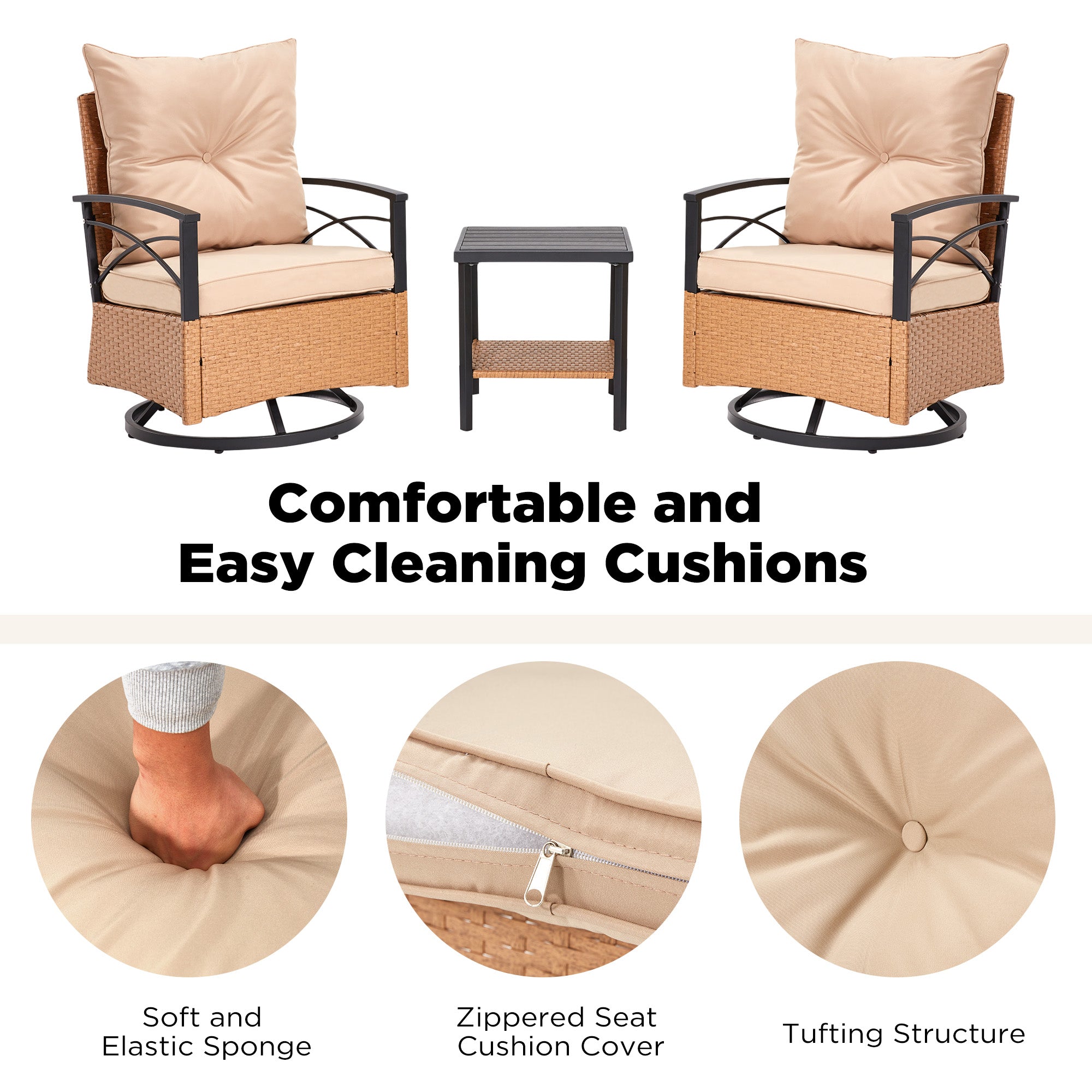 HOMREST 3-Piece Patio Swivel Rocker Set with Rattan Coffee Table, Beige