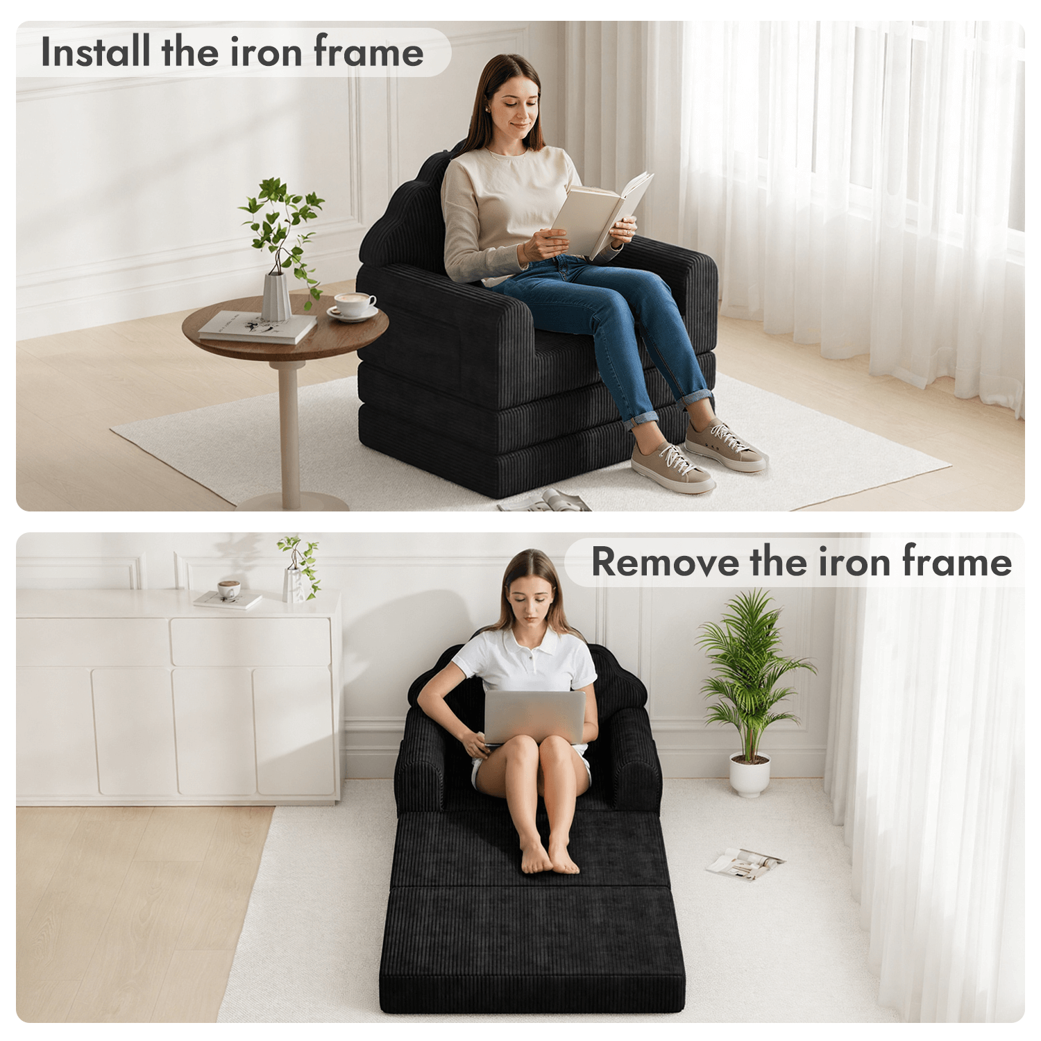 HOMREST 2-in-1 Folding Sofa Bed with Back Support, 75" D x 34" W Convertible Futon Sleeper Chair for Living Room Bedroom Small Spaces, Black