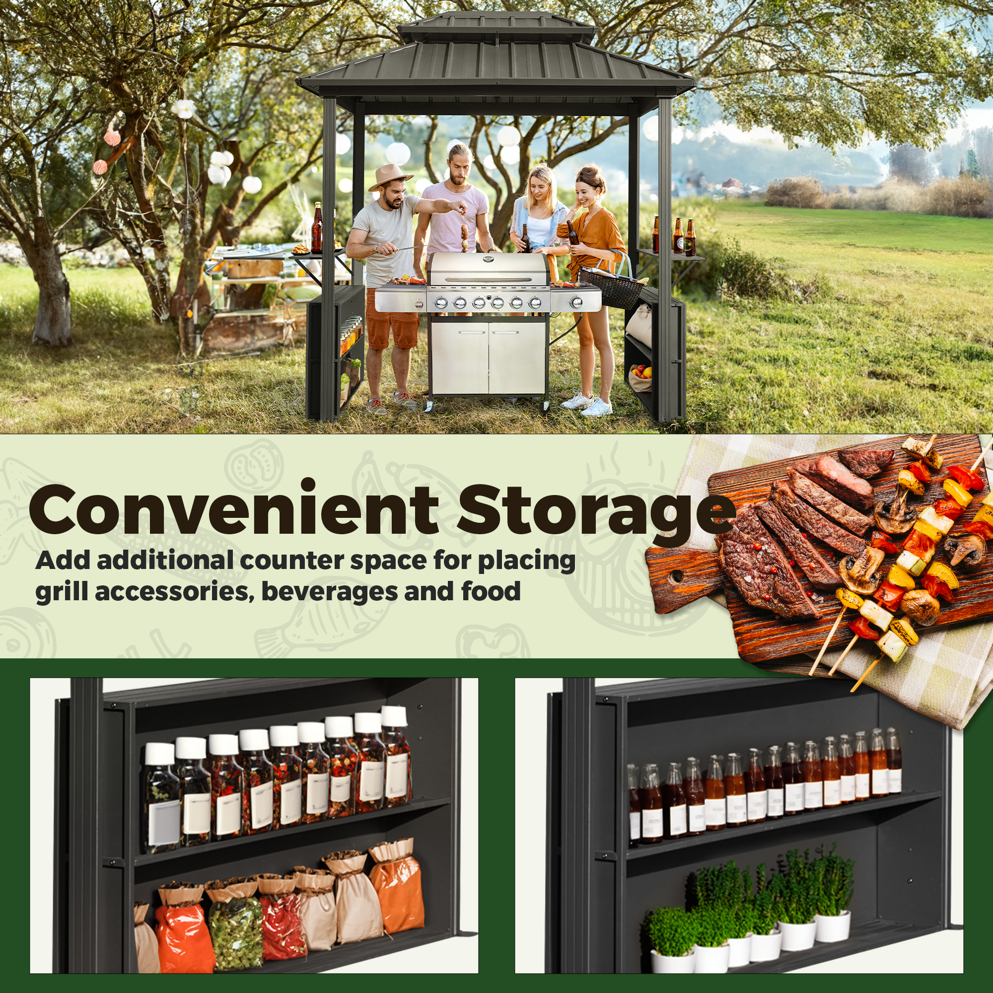 HOMREST 8x6 FT Outdoor Grill Gazebo with Double Steel Roof