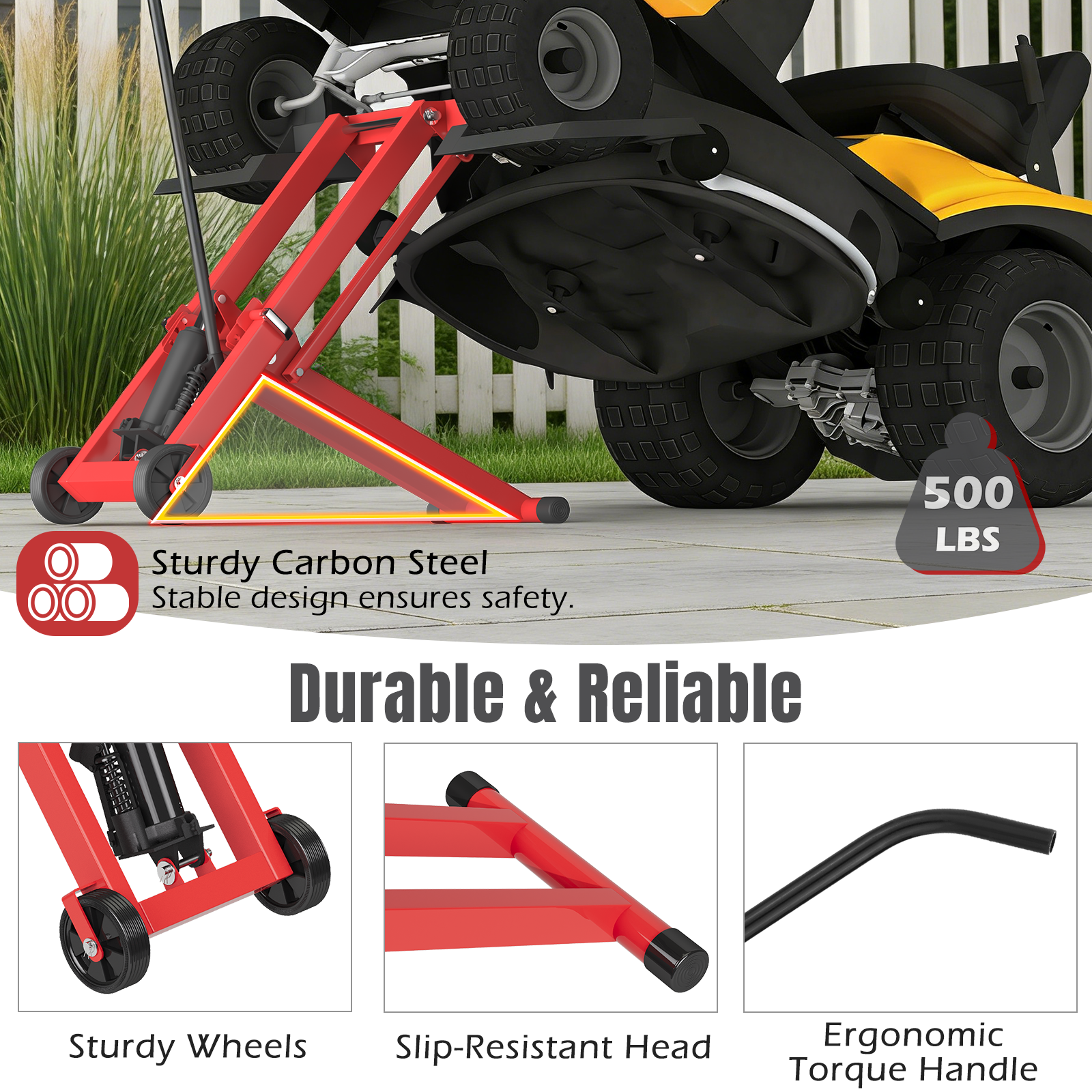 HOMREST 500LB Hydraulic Mower Lift for 40-47.6" Axle, 24" Lawn Tractor Jack with 3-Height Adjustment, Zero Turn Mower Lift for Maintenance & Repair, Red