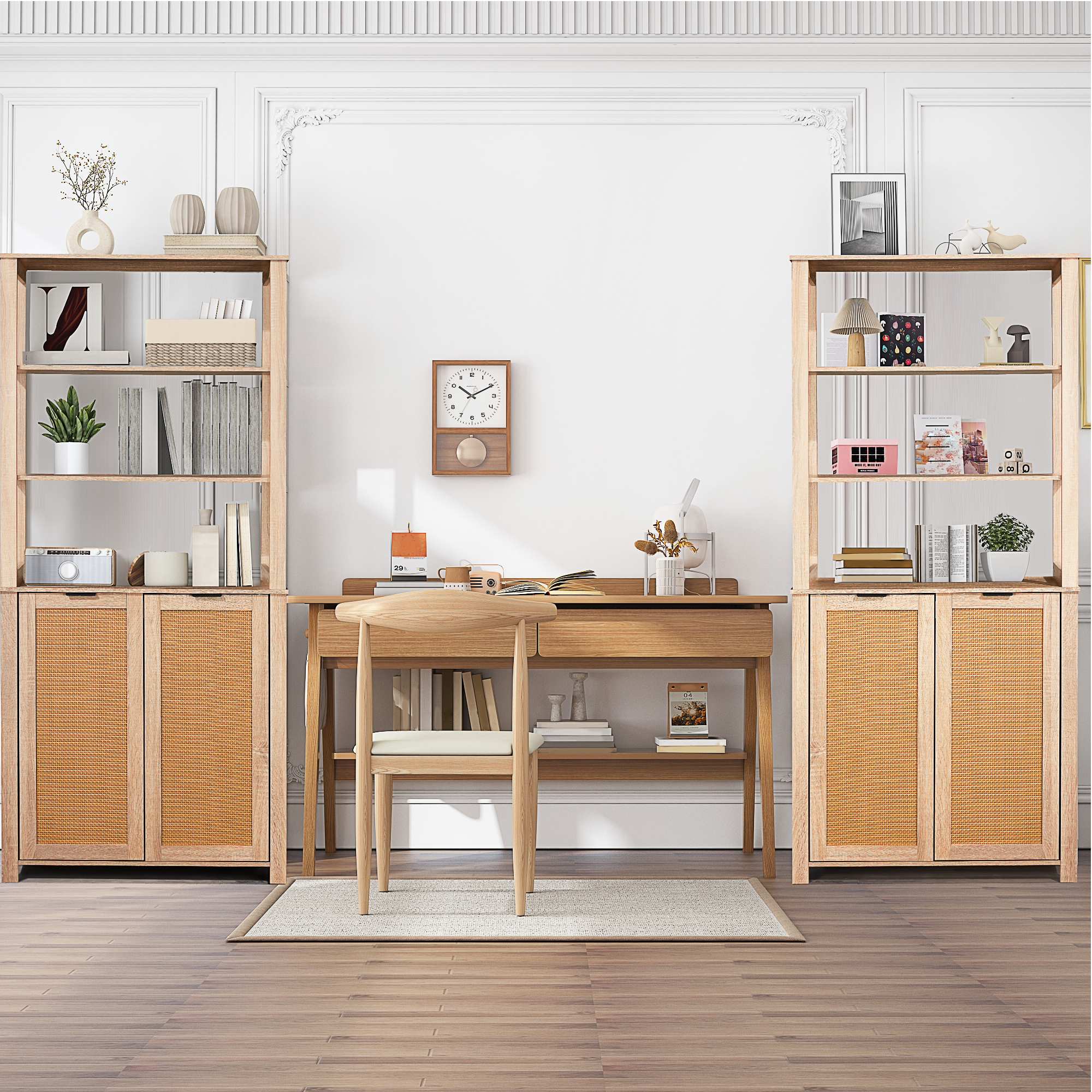 HOMREST Rattan Bookcase with cabinet, Heavy Duty Freestanding Bookcase With Storage Open Display, Beige