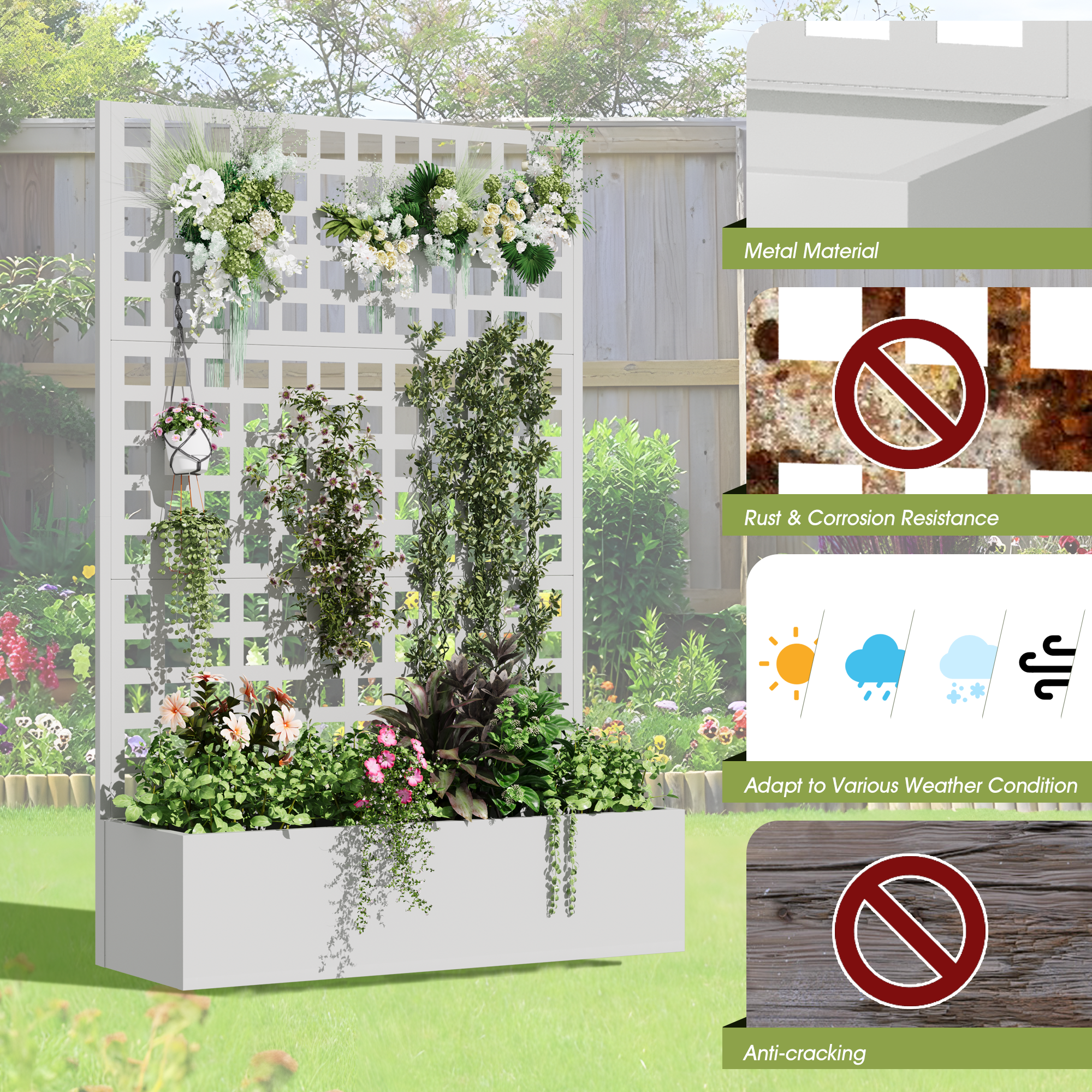 HOMREST Metal Planter Box with Trellis, 71"x 47"x 16" Raised Garden Bed with Trellis, Planter Box Trellis with Privacy Screen and Drainage Holes, White