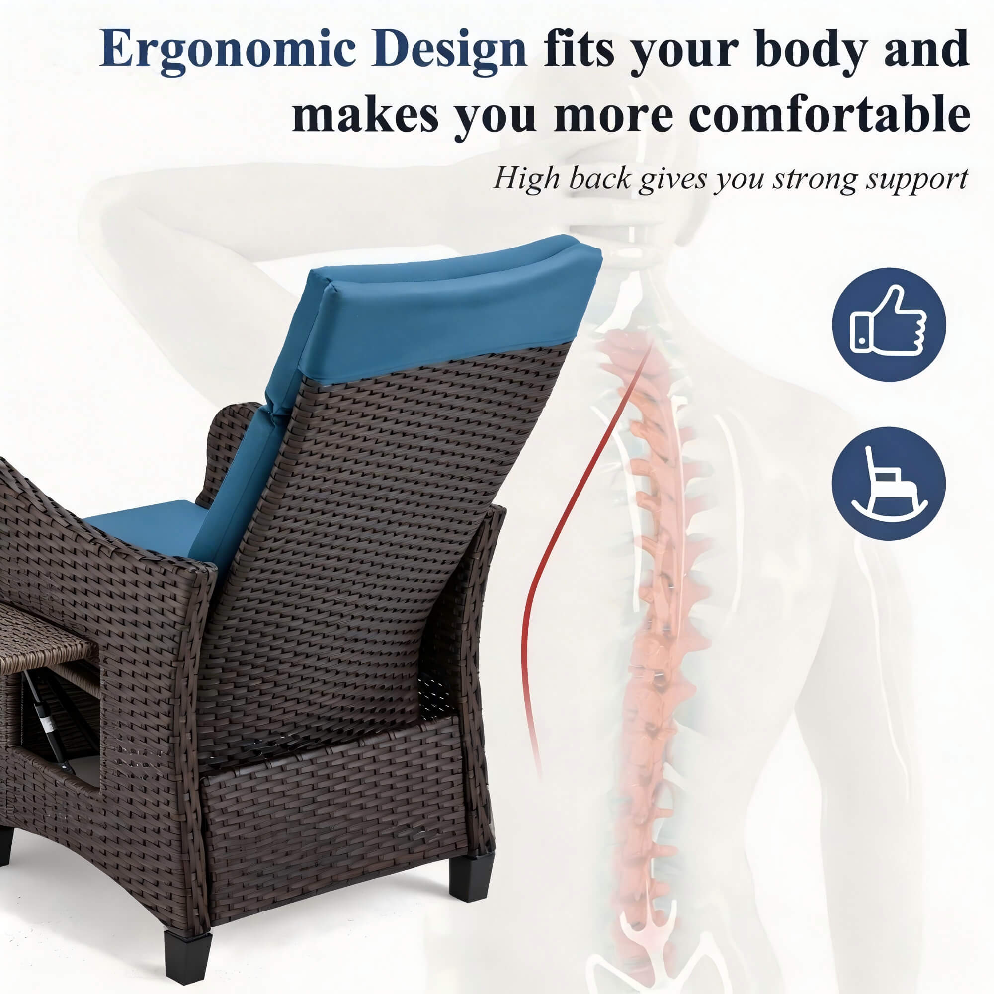 Homrest Outdoor Recliner Chair with Flip-up Table & Removable Cushion for Patio Deck Backyard, Blue