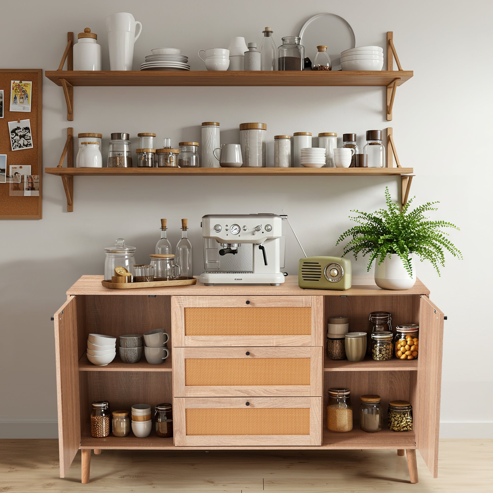 HOMREST Solid Wood Sideboard Buffet Cabinet, Mid-Century Credenza for Living Room, Entryway, Light wood