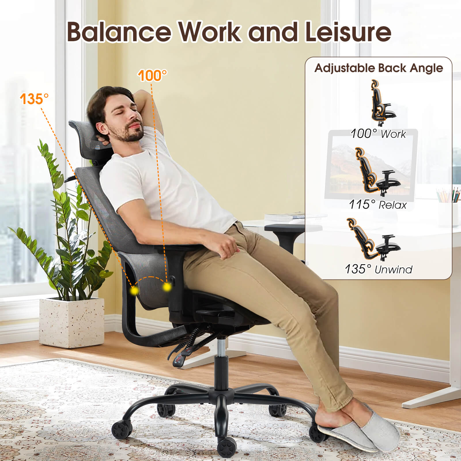 Homrest Ergonomic Mesh Office Chair with Adjustable Lumbar & Headrest – Grey