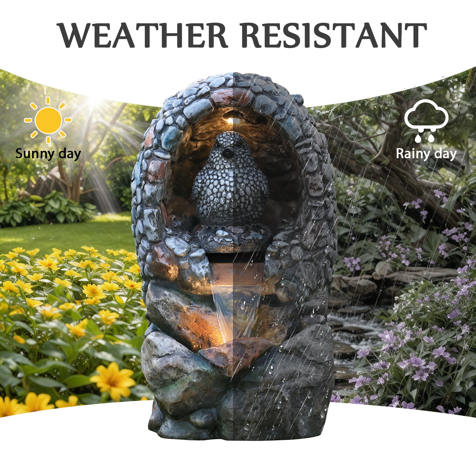 HOMREST Outdoor Water Fountain - Rock-Hollow Bird Outdoor Waterfall Fountain with LED Lights Effect for Patio Deck Yard Home,Gray