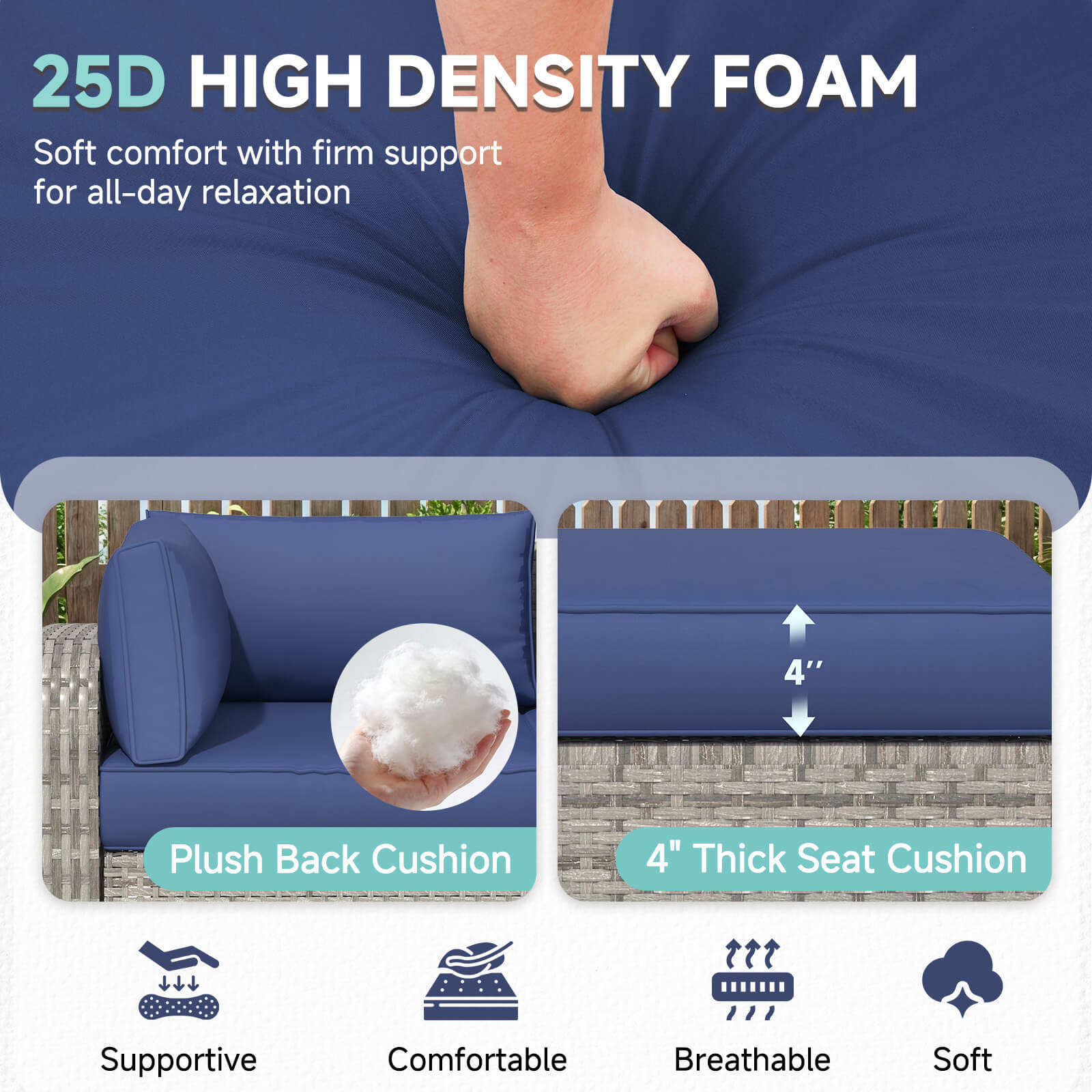 HOMREST 9-Piece Outdoor Sectional Cushions for 4-Seat Sofa, Waterproof Deep Seat w/ Non-Slip & Machine Washable Covers, Navy Blue