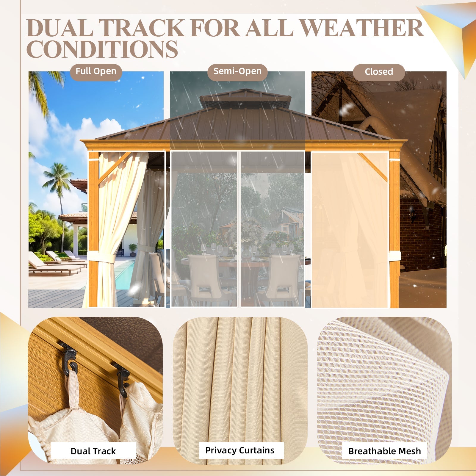 Homrest 12' x 12' Hardtop Gazebo with Aluminum Frame, Wood-Grain