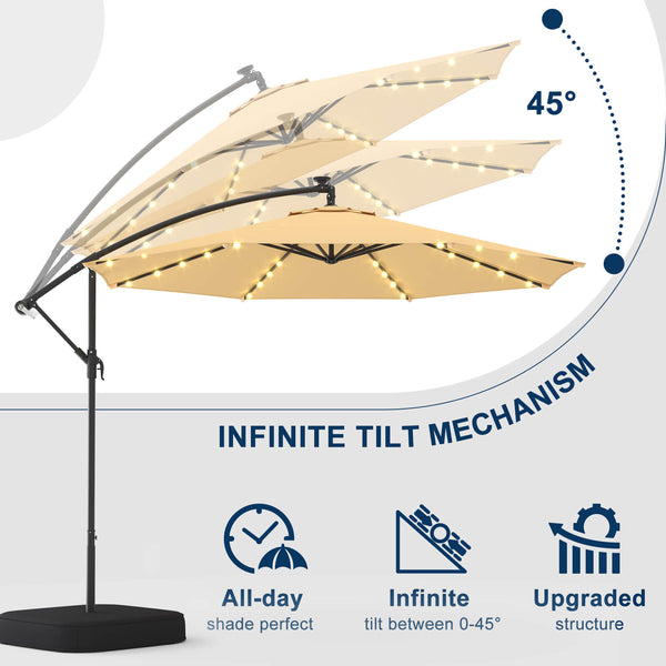 Homrest 10ft Solar Lighted Patio Umbrella with Base, Outdoor Cantilever Umbrella, Infinite Tilt, Beige