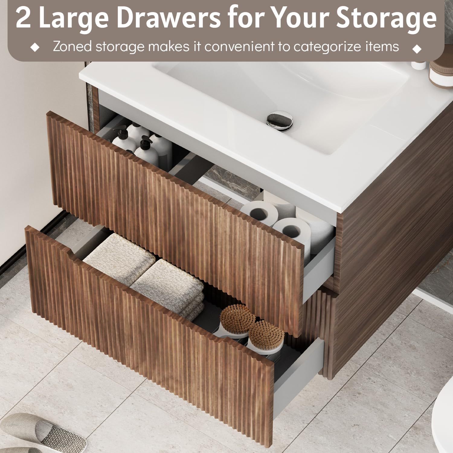 HOMREST 24 Inch Bathroom Vanity with Sink, Floating Bathroom Vanity with Ceramic Basin, Wall Mounted Bathroom Sink Cabinet Set with Soft-Close 2 Drawers, Faucet & Pop Up Drain, Walnut