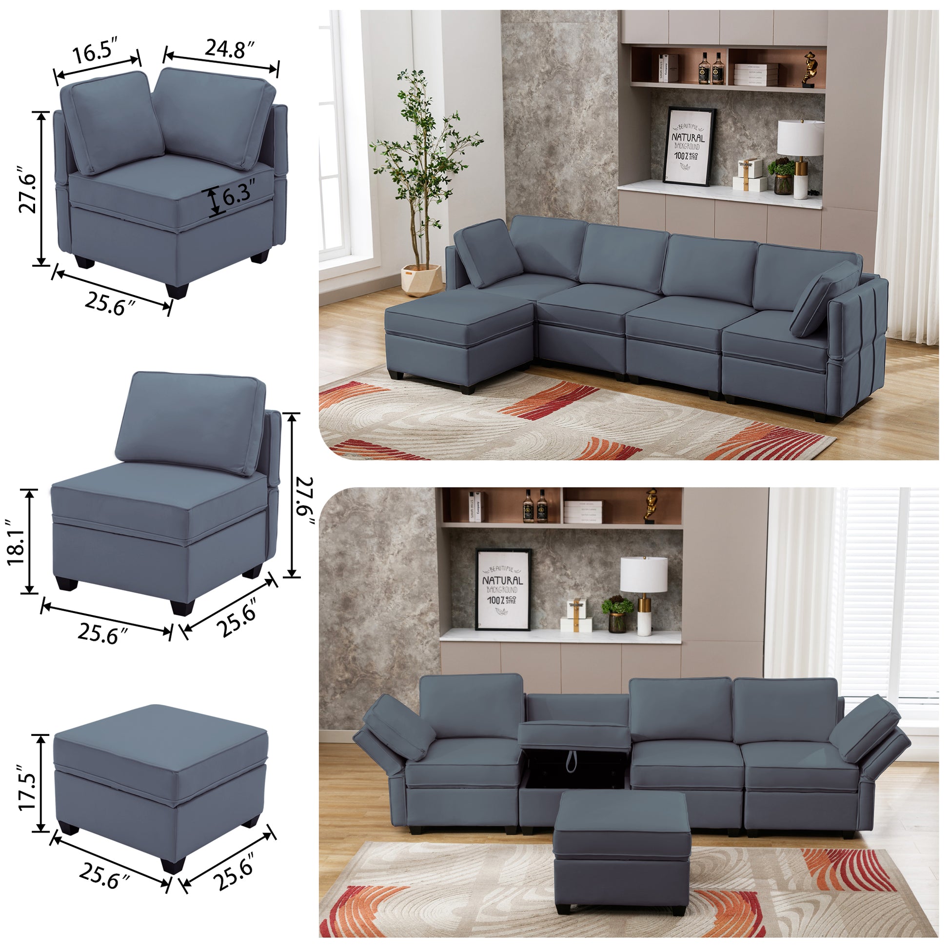 Homrest reversible sofa couch for living room, blue gray
